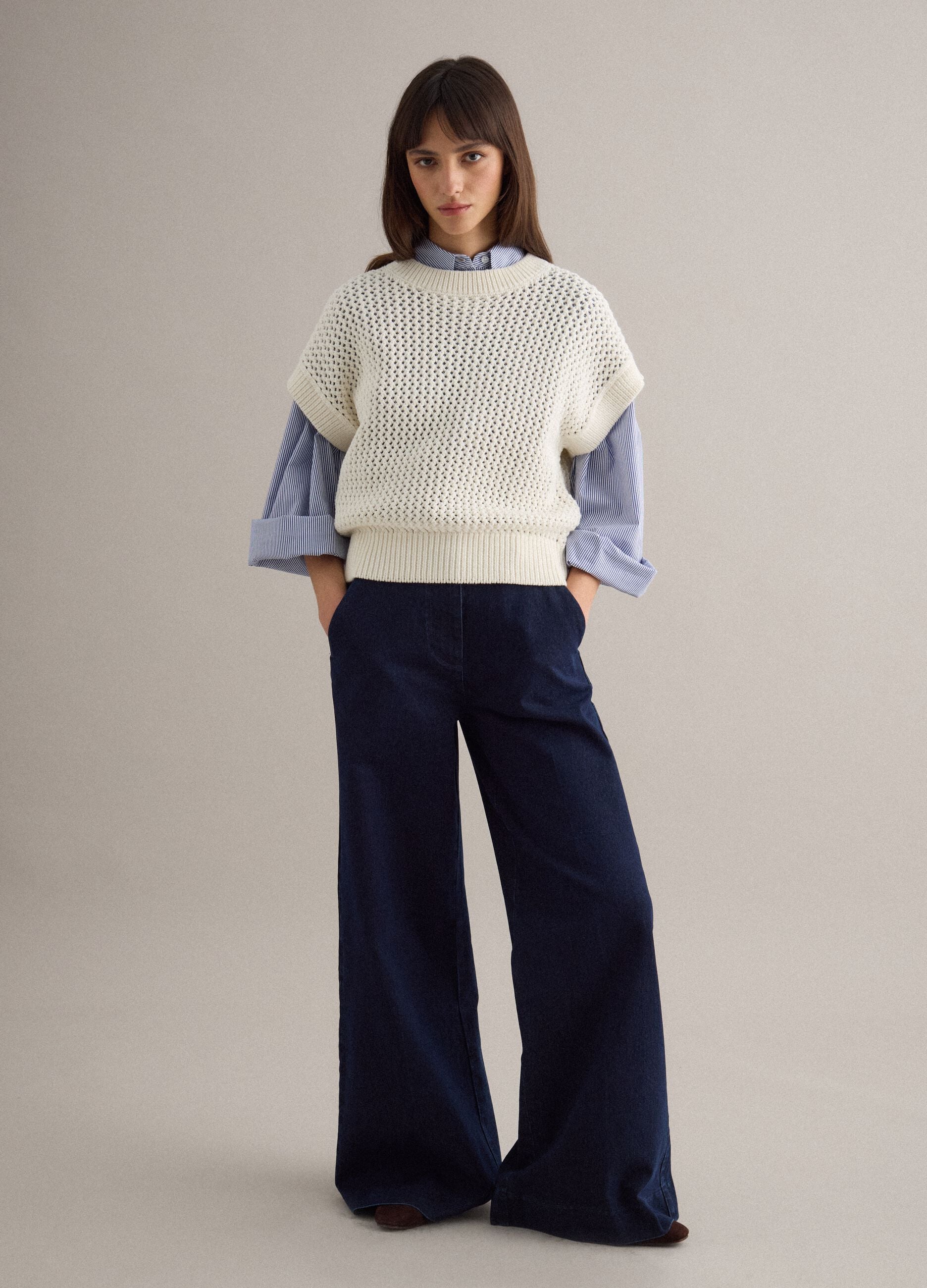 White cotton blend eyelet knit regular fit jumper