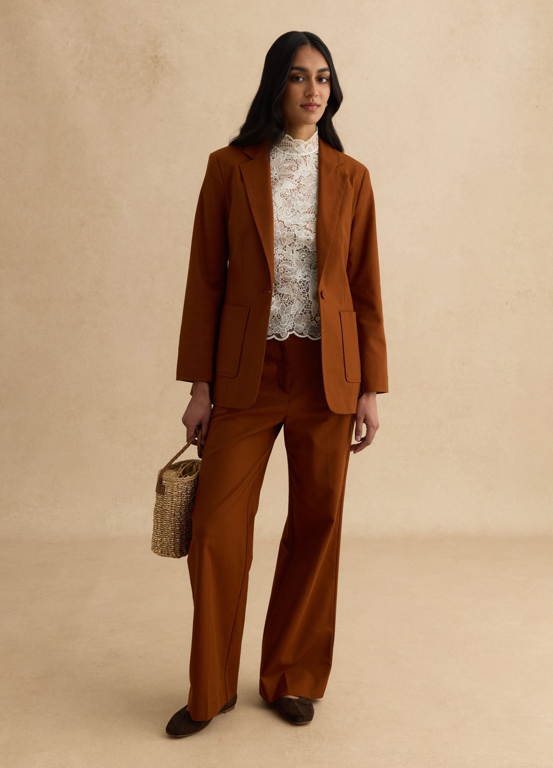 Brown Cotton and Linen Regular Fit Blazer