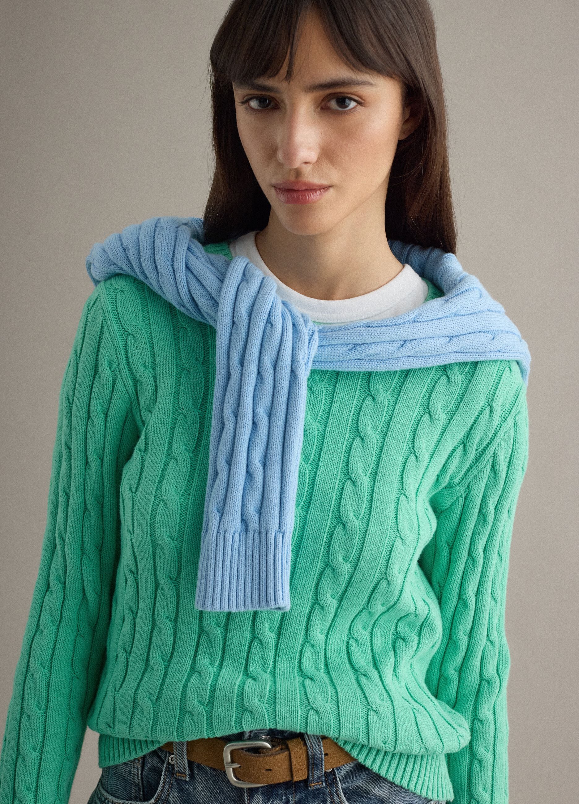 Green pure cotton regular fit sweater with cable knit