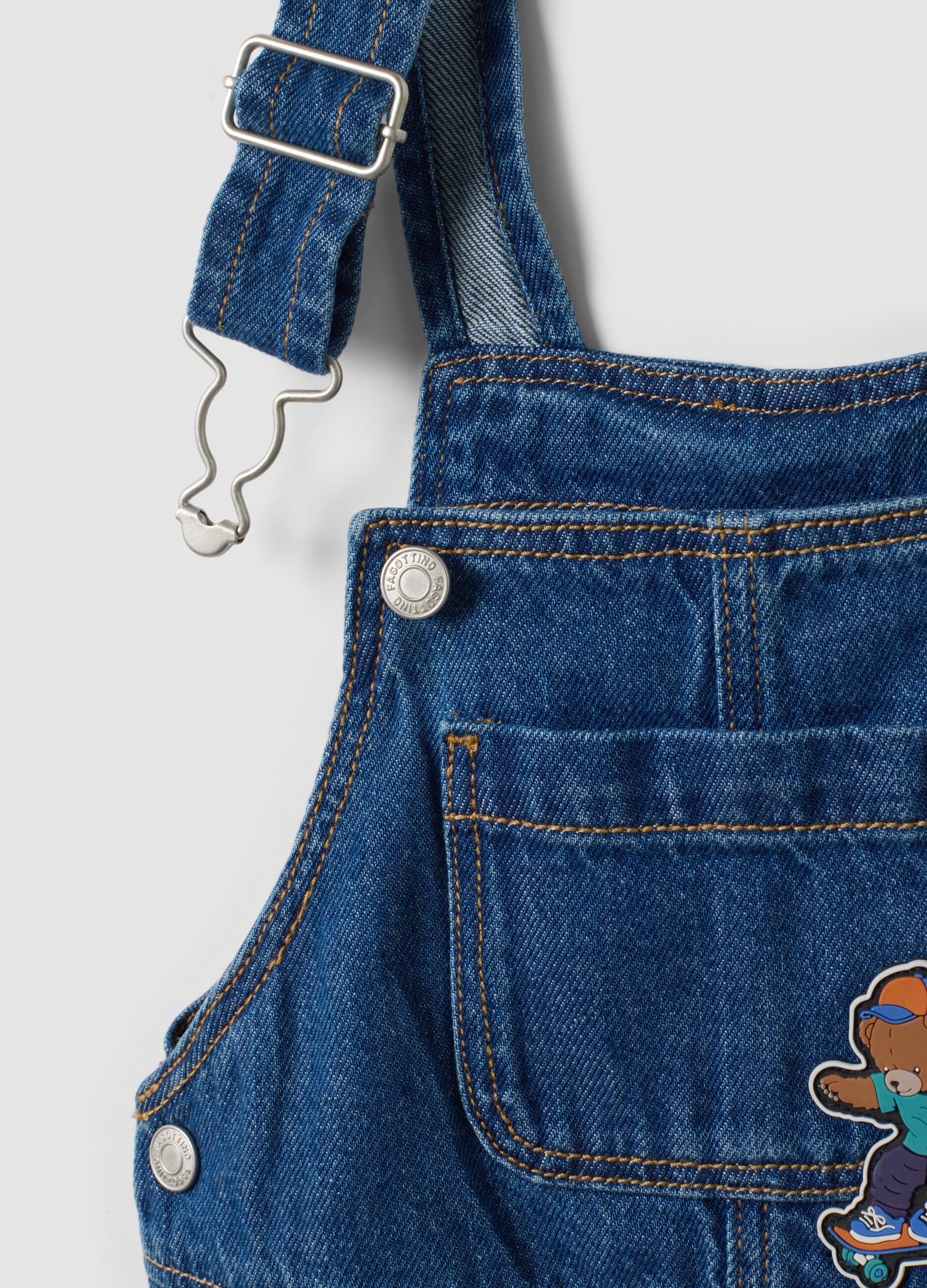 Blue pure cotton denim dungarees with teddy bear motif for baby boy