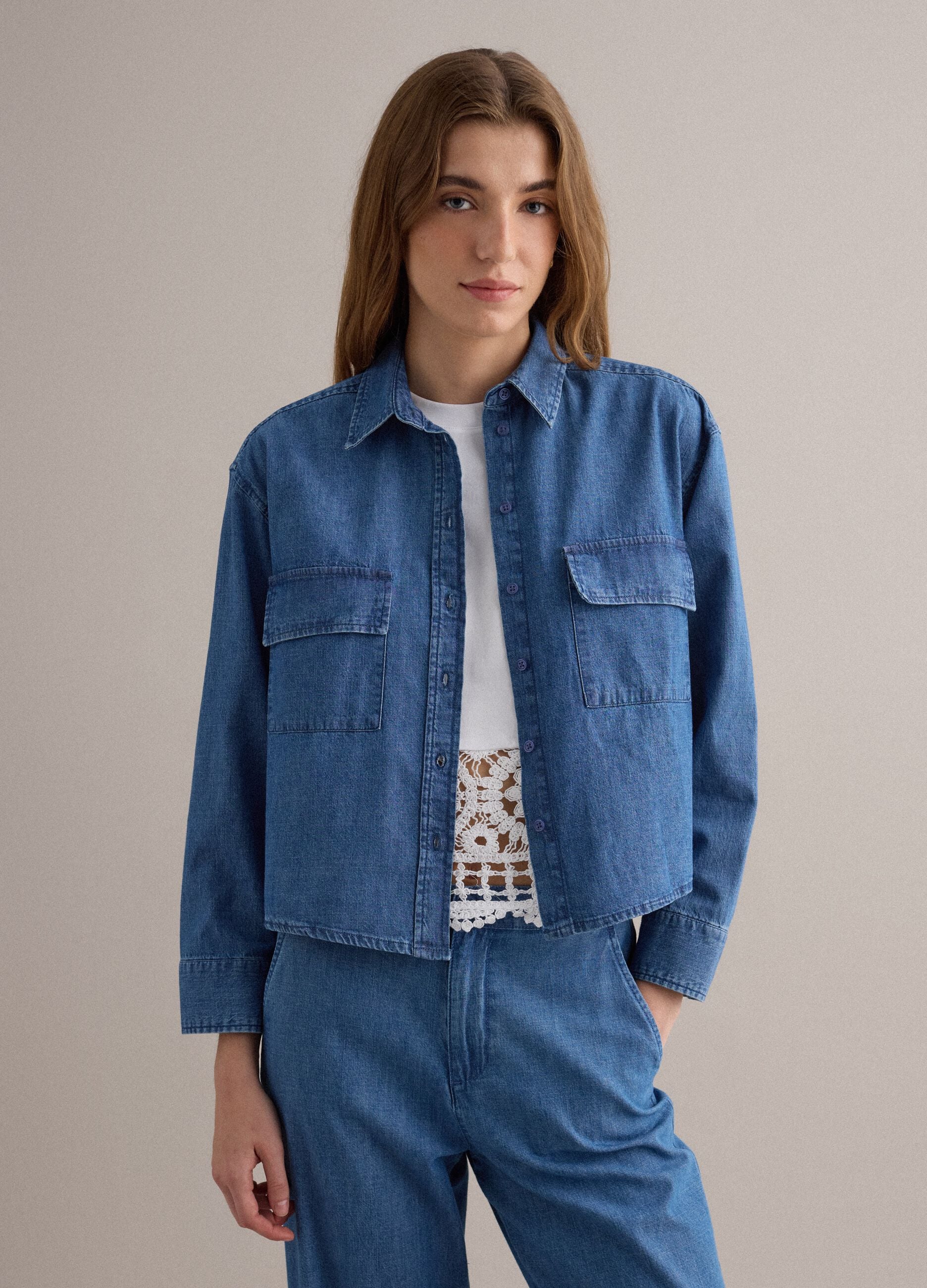 Regular fit blue denim pure cotton shirt