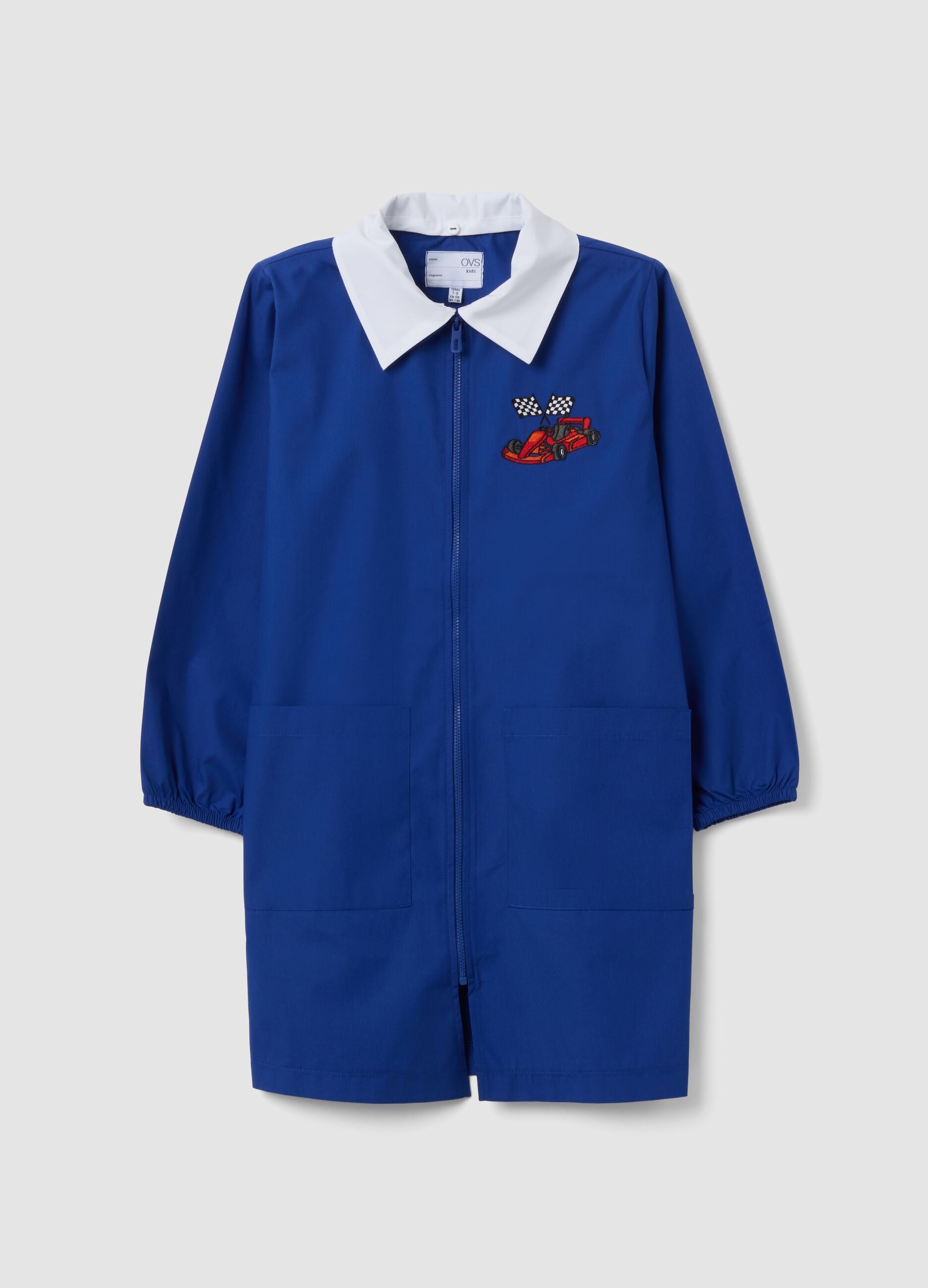 Customisable blue school apron with zip and kart embroidery