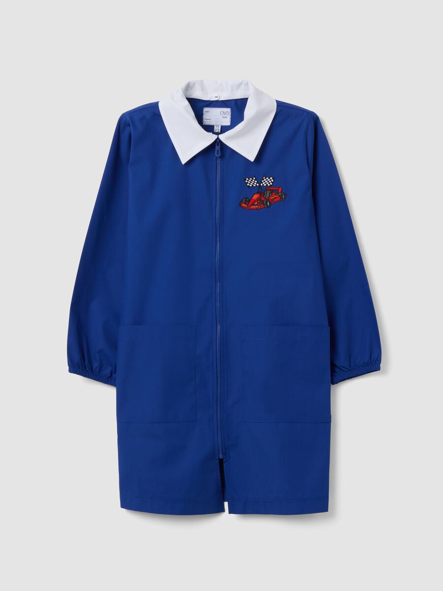 Customisable blue school apron with zip and kart embroidery_0