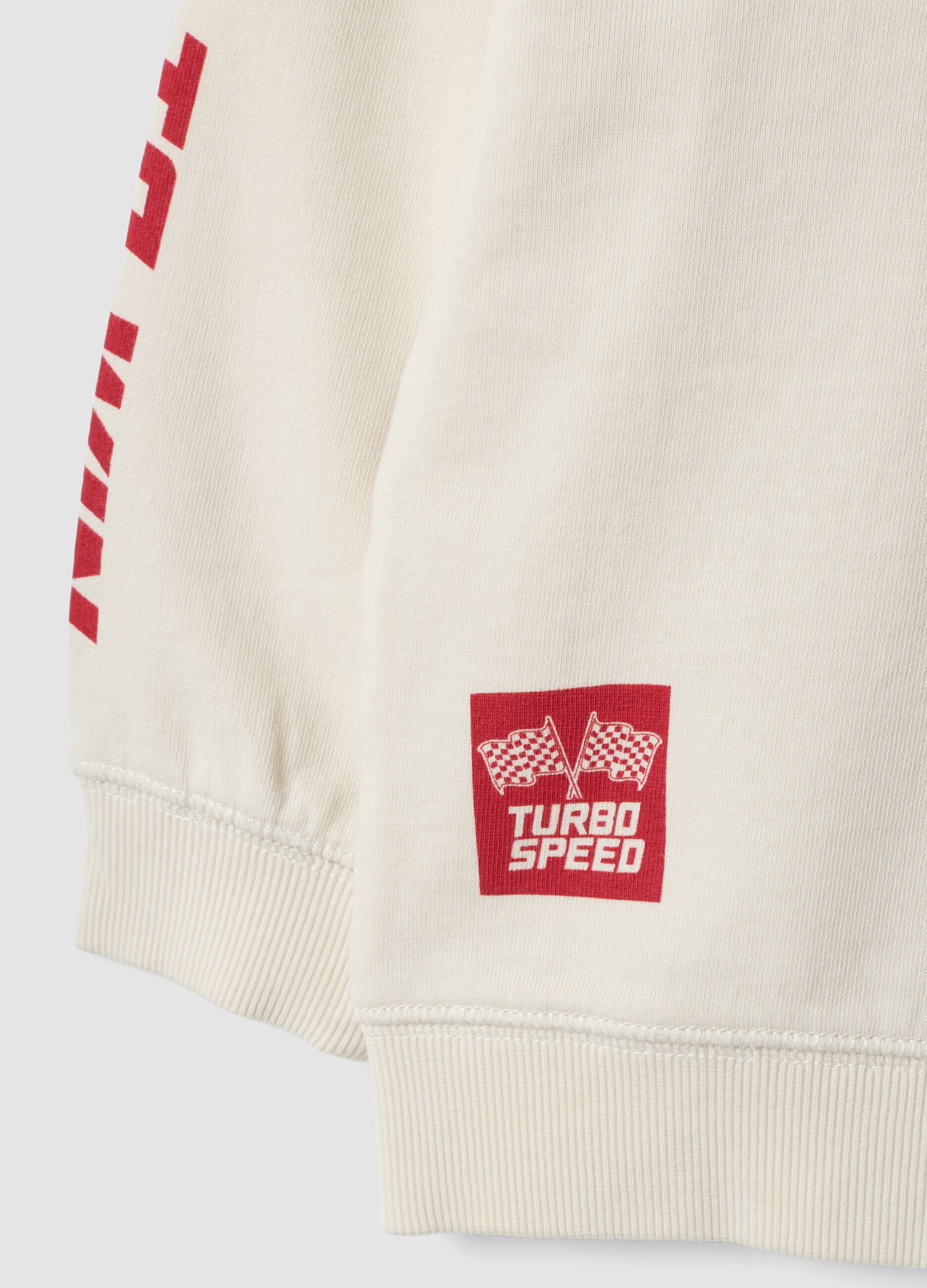 White 100% cotton crew-neck sweatshirt with racing print, oversized fit