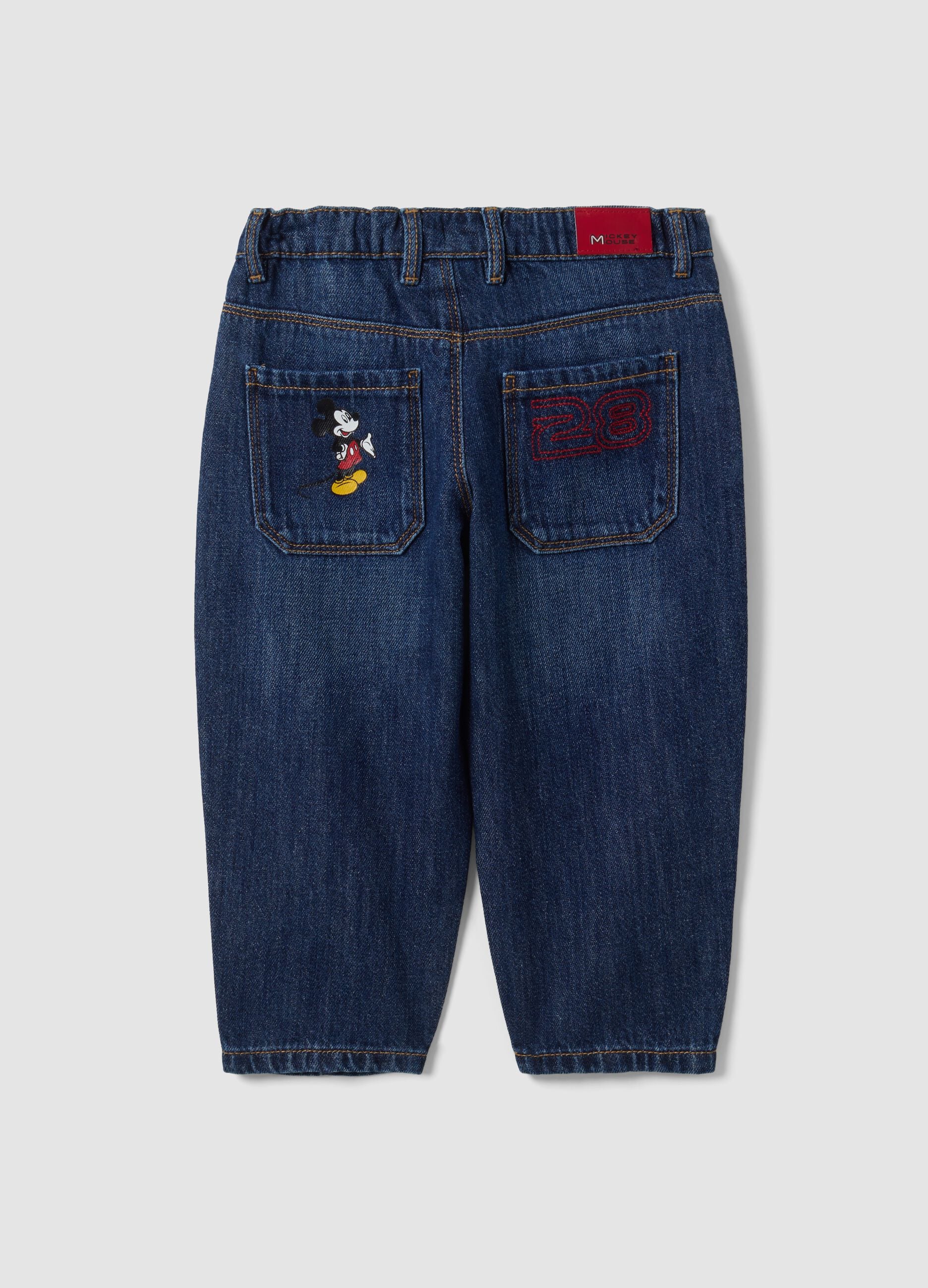 Blue cotton-viscose blend jeans with Mickey print, baggy fit for baby boy