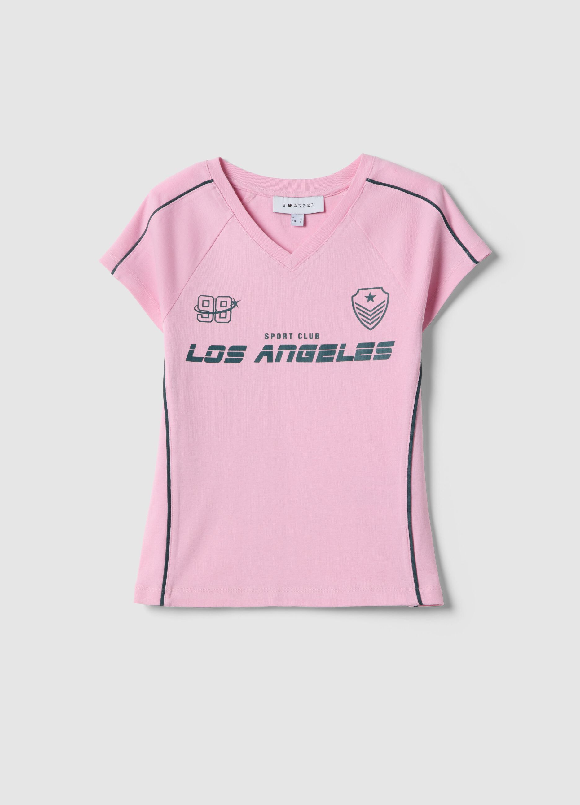 Pure cotton pink slim fit V-neck T-shirt with print