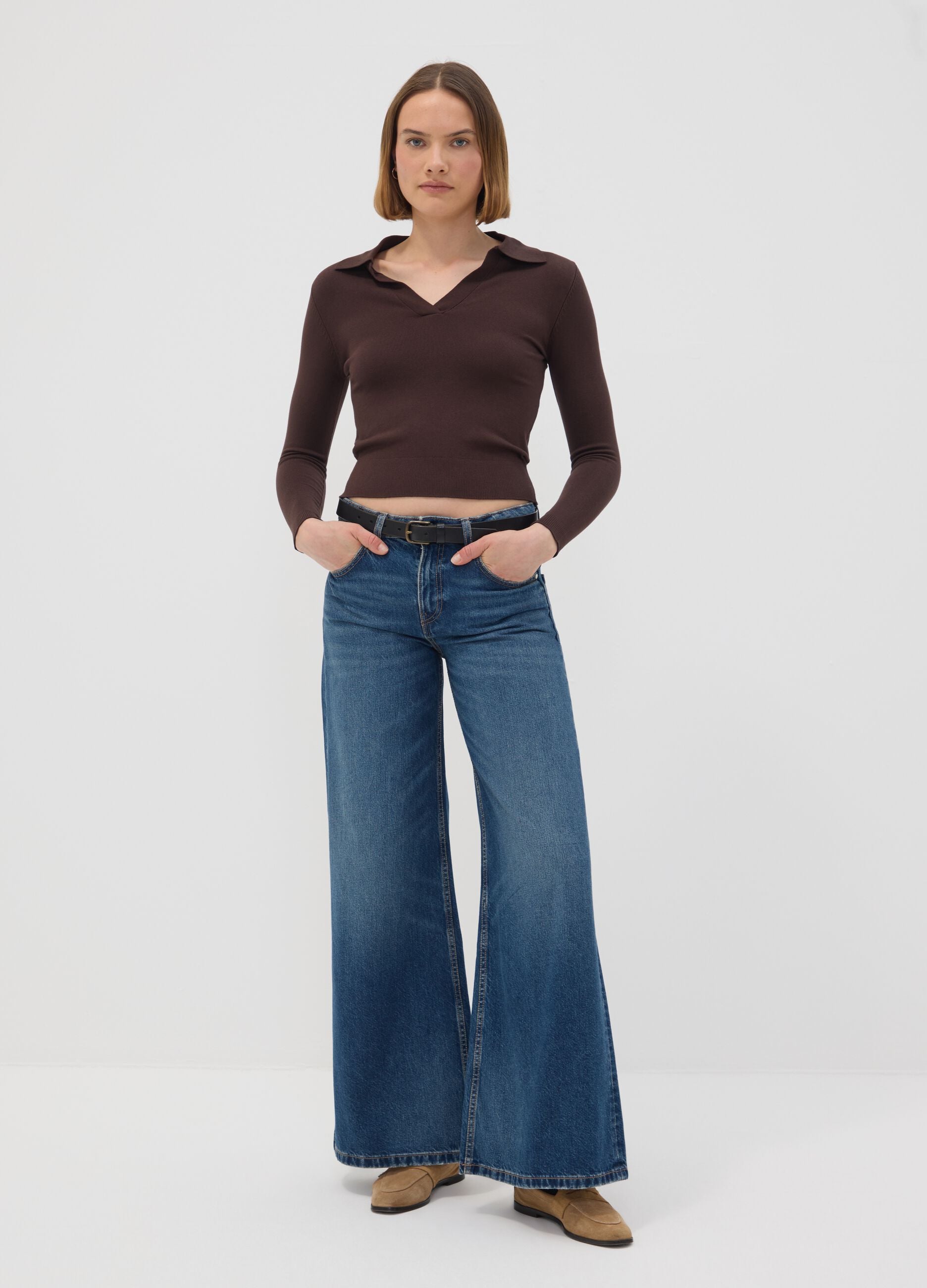 Brown viscose-blend polo-collar jumper, regular fit