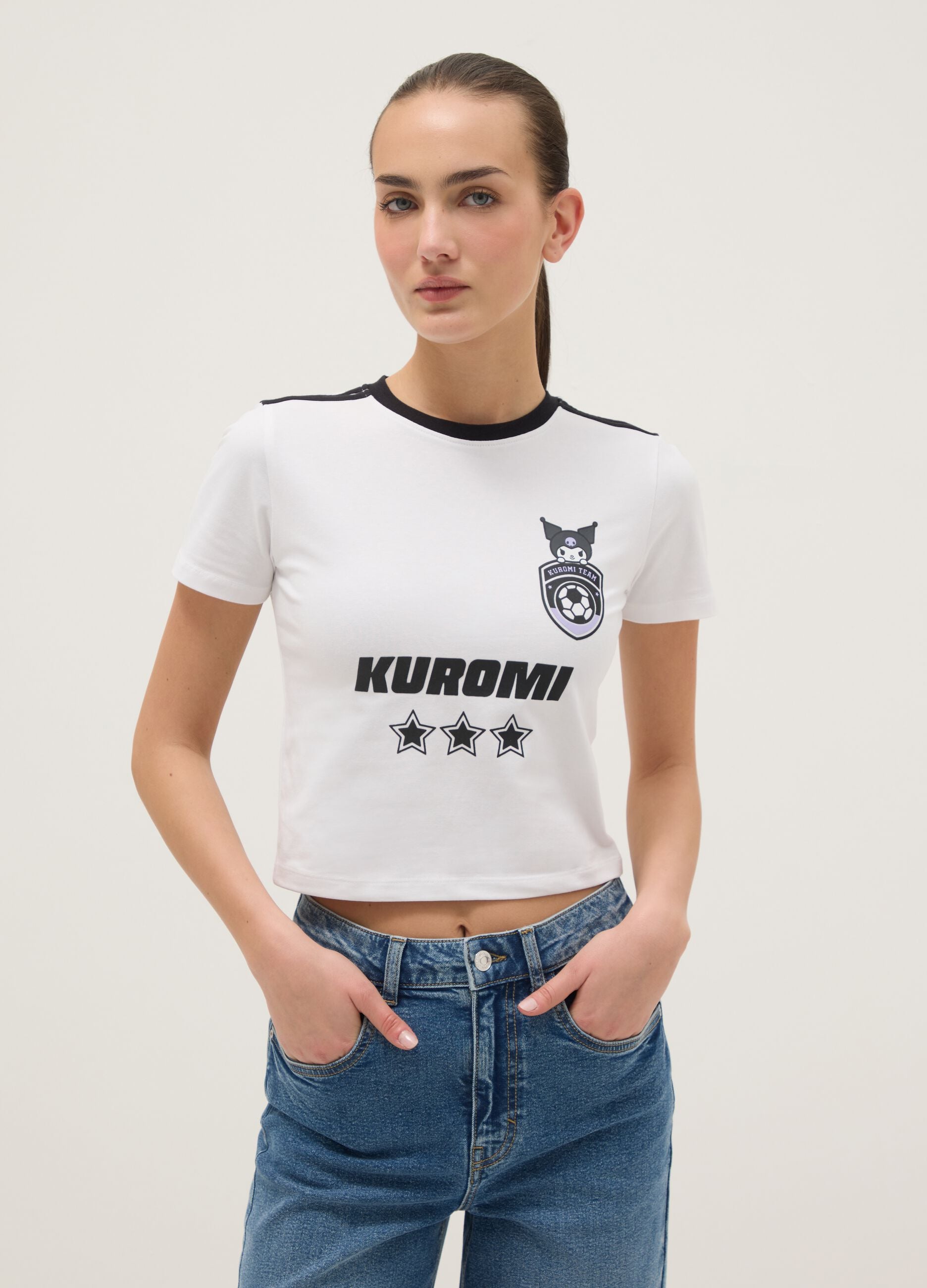 White pure cotton regular fit T-shirt with Kuromi print
