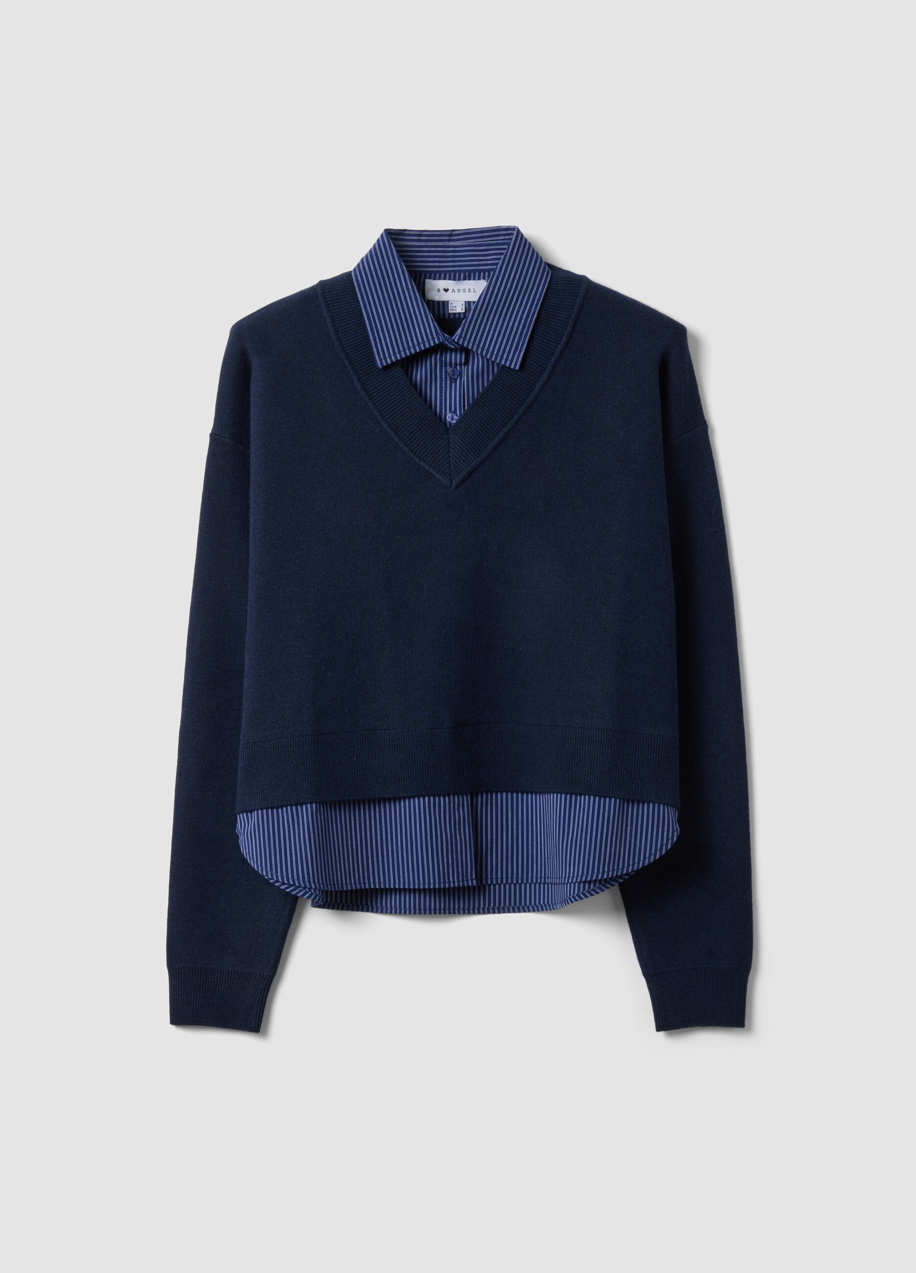 Blue viscose-blend V-neck sweatshirt