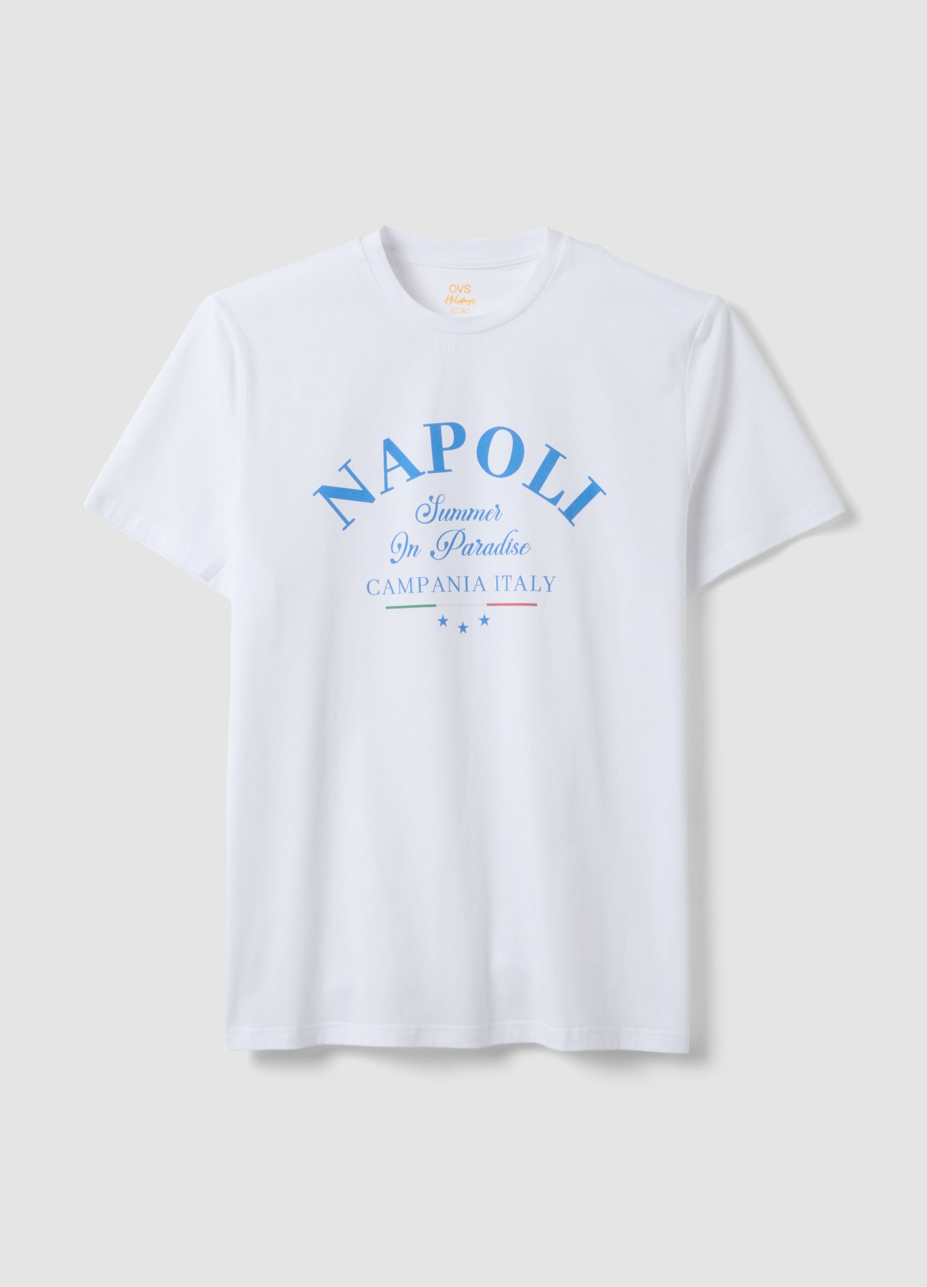 White pure cotton T-shirt with print, regular fit