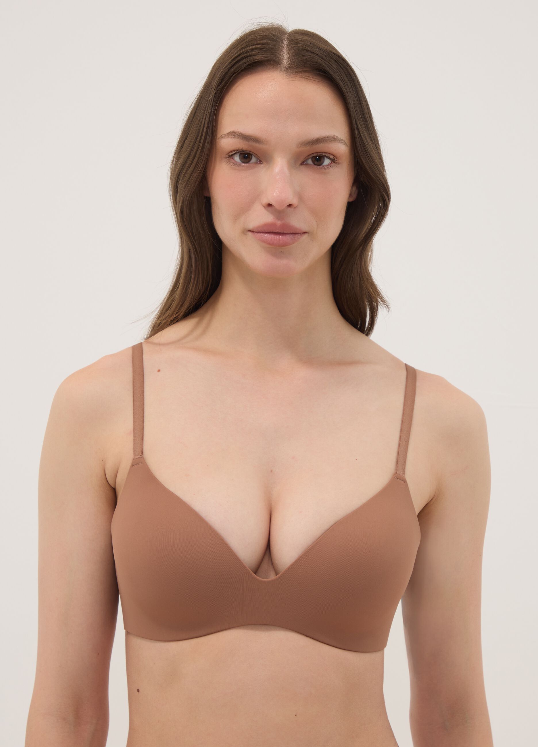 Brown padded triangle bra in stretch fabric