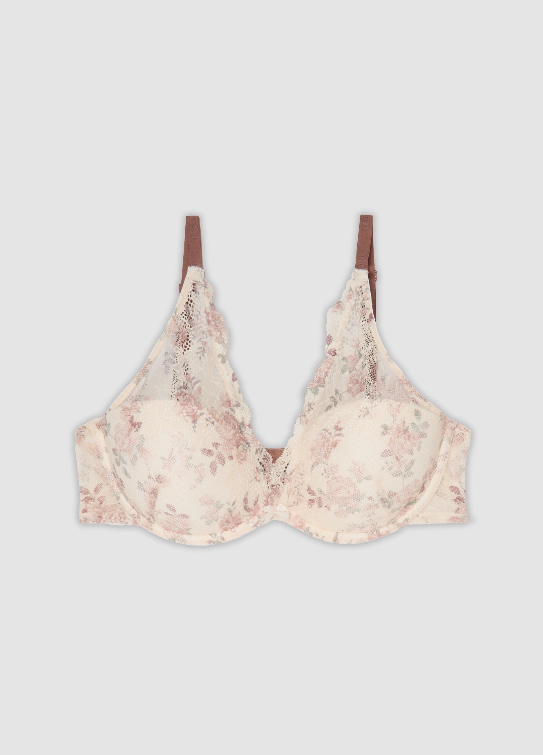 Beige padded bralette bra in stretch fabric with floral lace