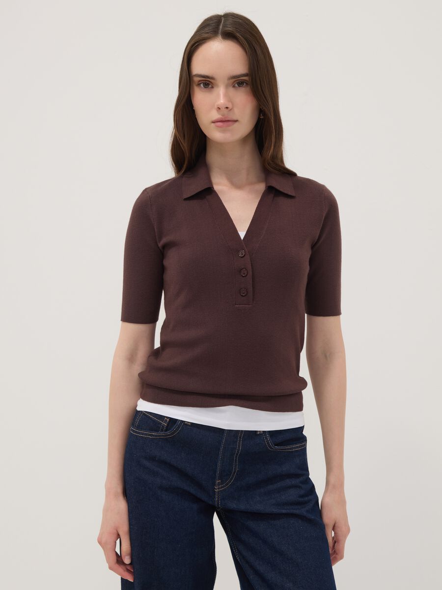 Brown viscose-blend polo jumper, regular fit_0
