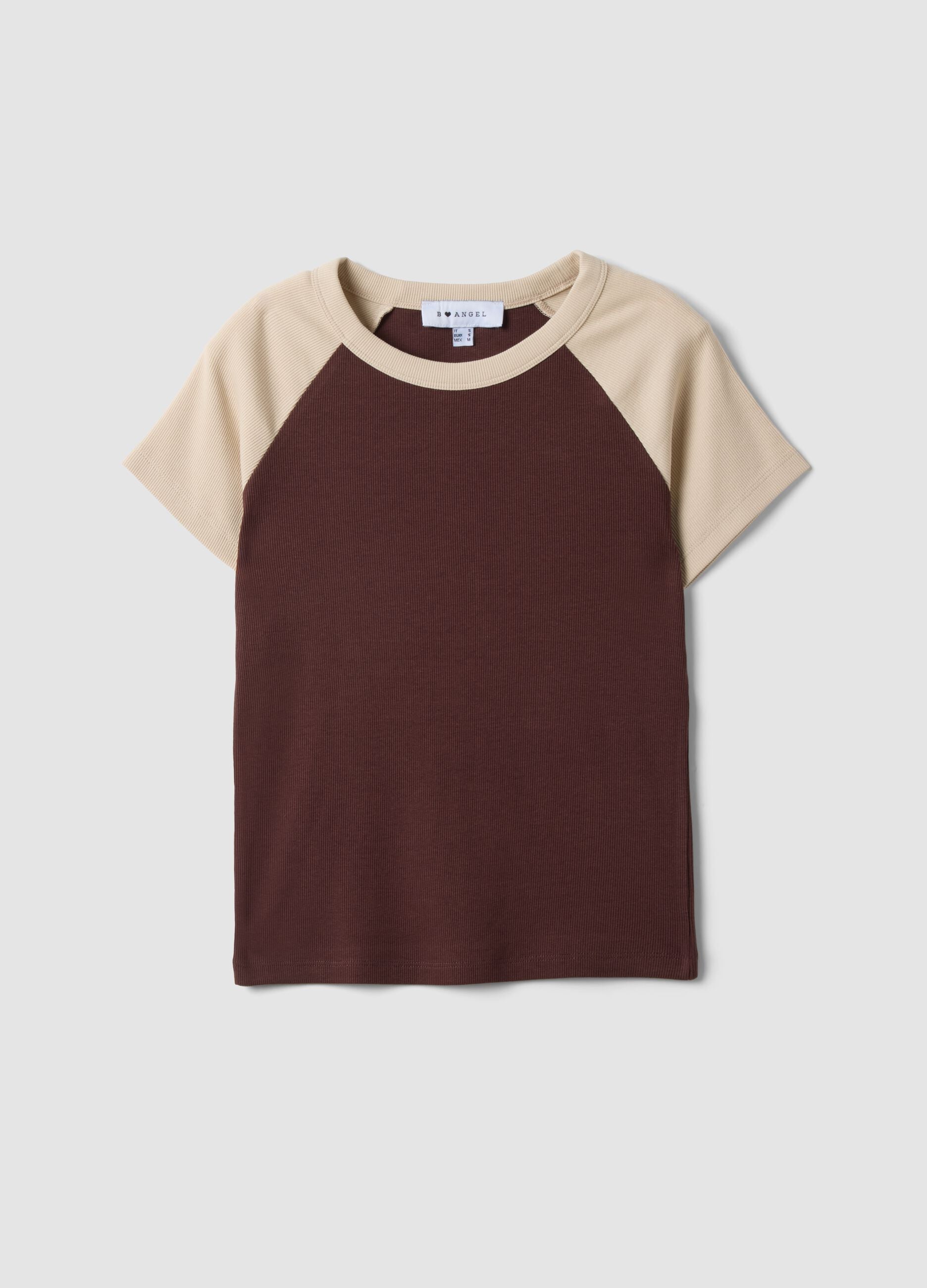 Brown stretch cotton crew-neck T-shirt with contrast sleeves