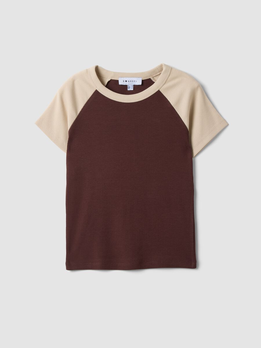 Brown stretch cotton crew-neck T-shirt with contrast sleeves_0