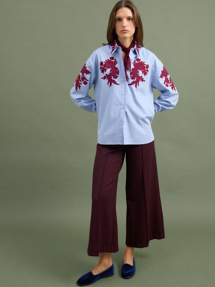 Light Blue Pure Cotton Poplin Shirt with Floral Embroidery, Regular Fit_1