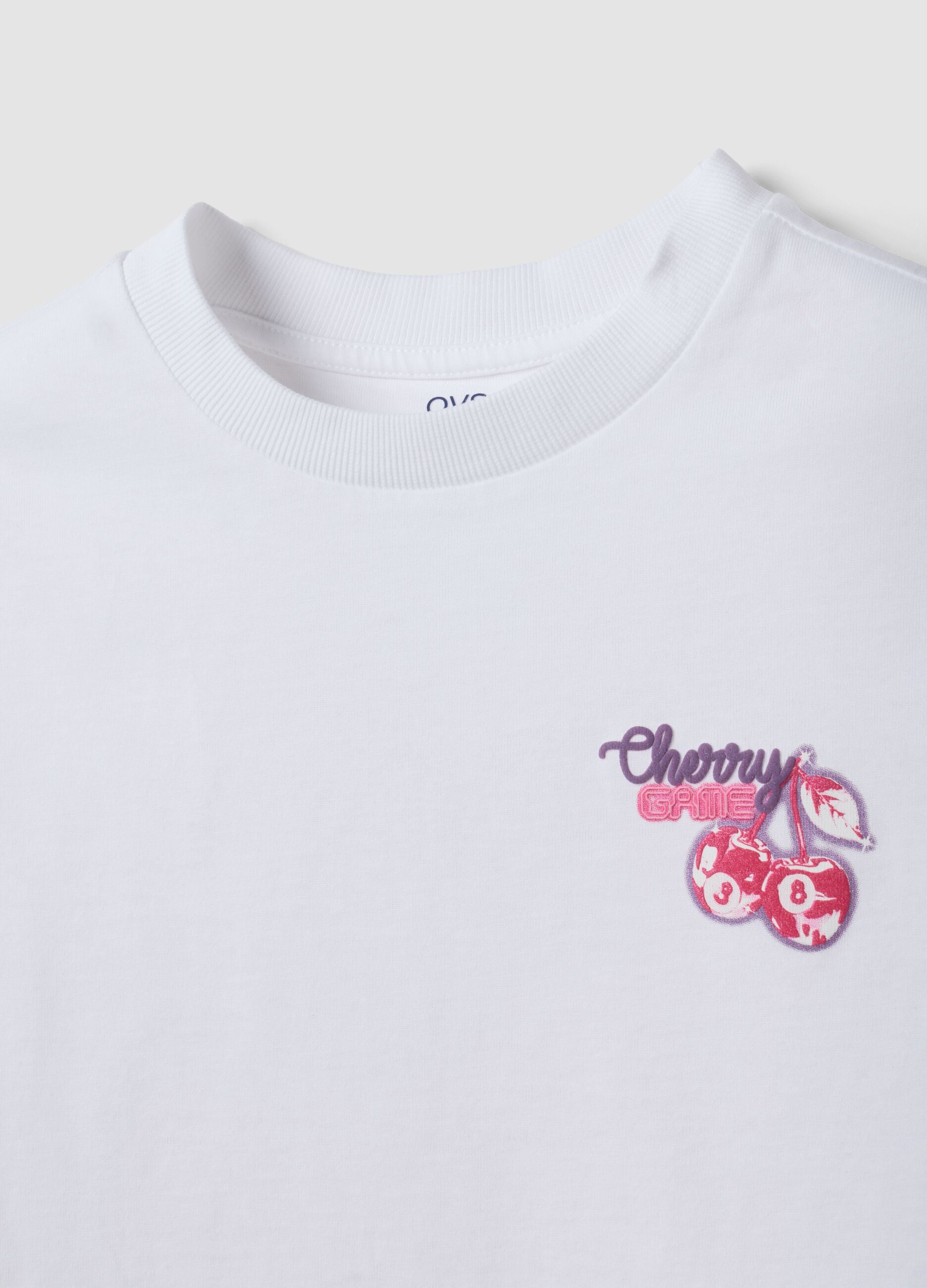 White pure cotton T-shirt with ribbed neckline and cherry print