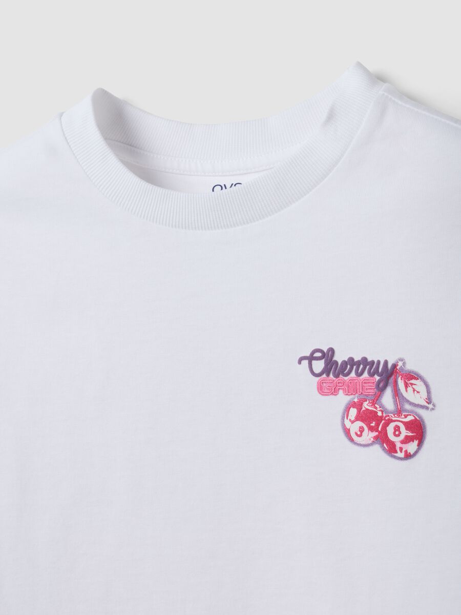 White pure cotton T-shirt with ribbed neckline and cherry print_1