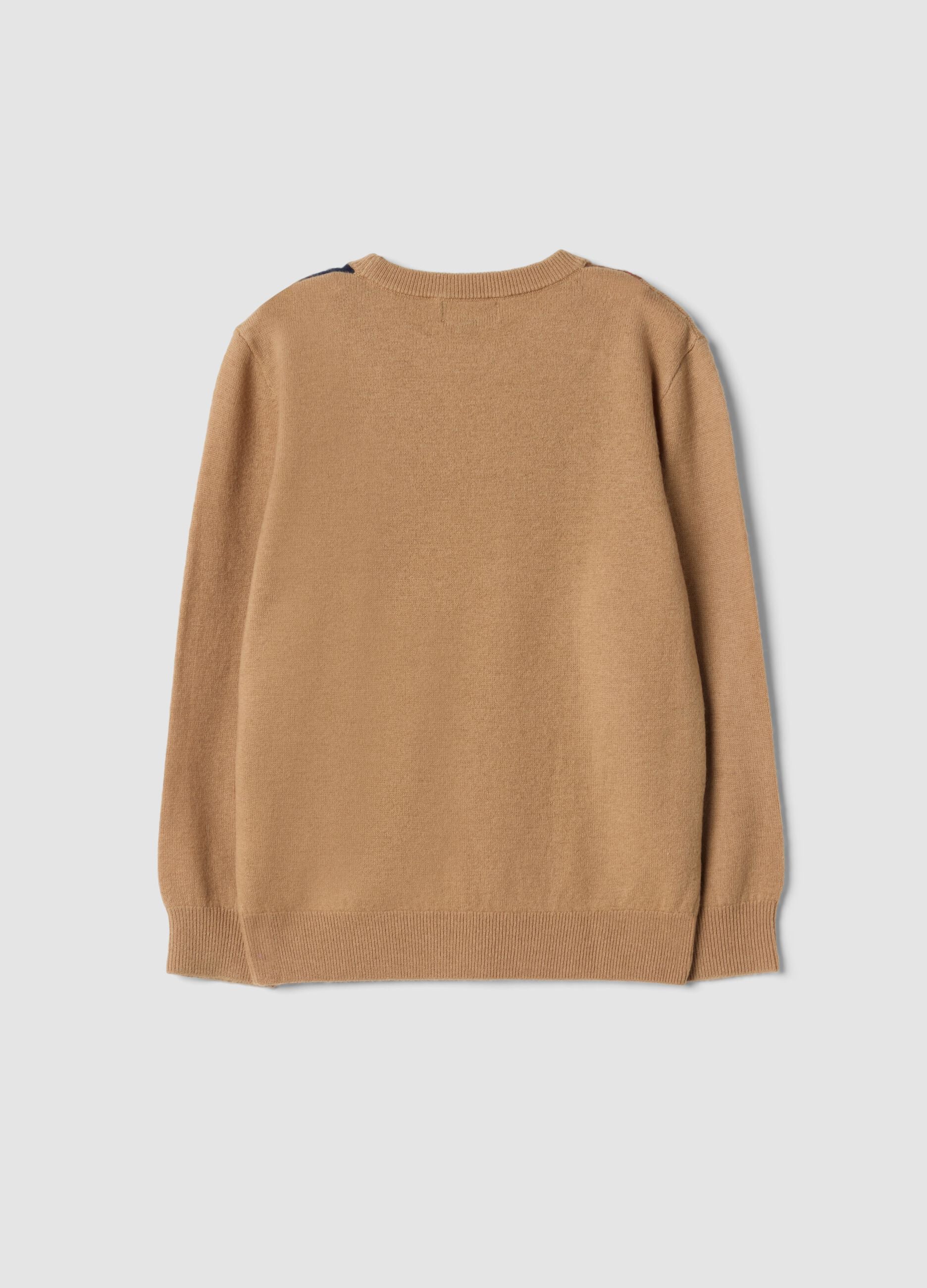 Beige pure wool jumper with jacquard crew neck