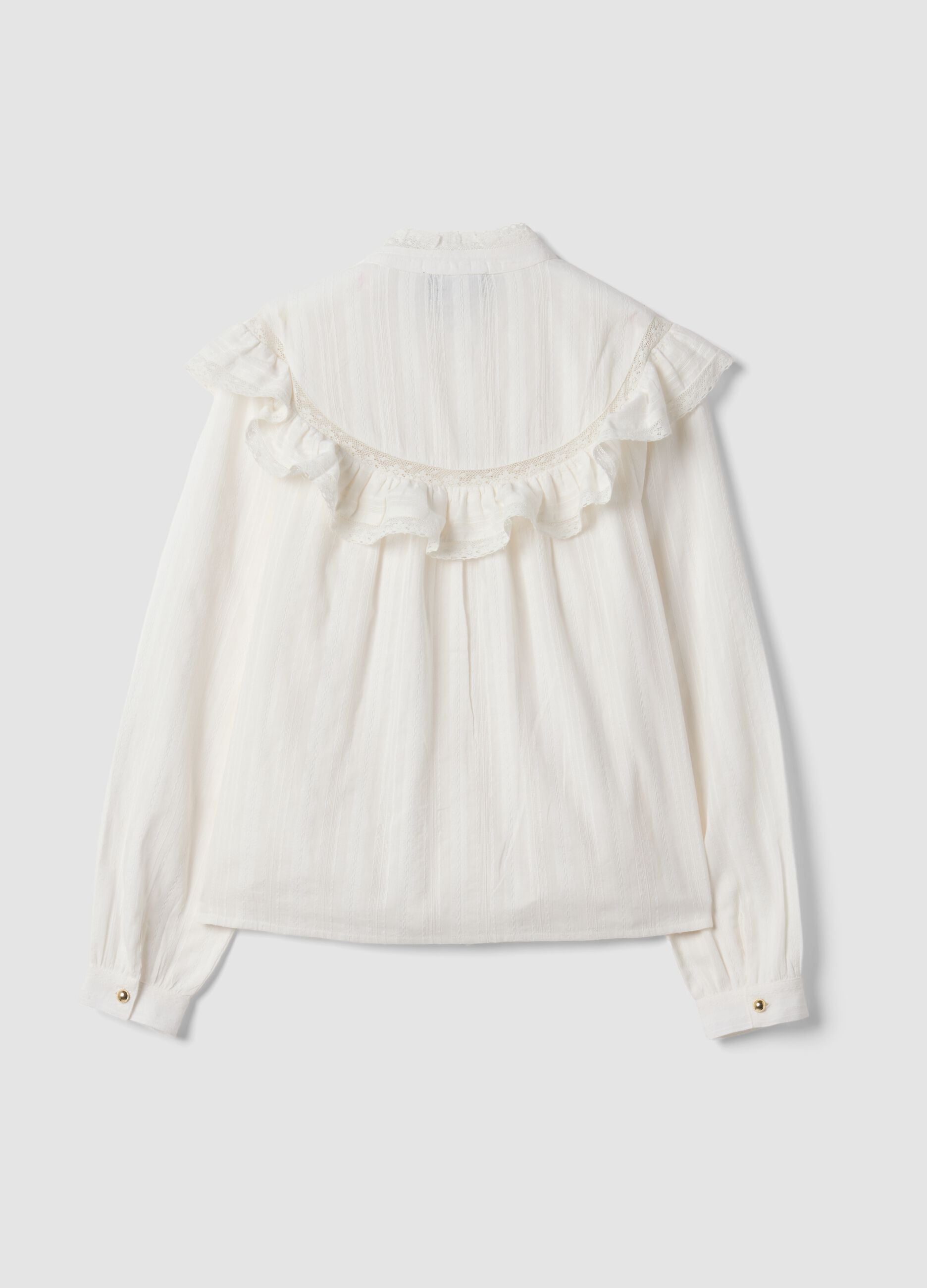 White pure cotton shirt with Mandarin collar and ruffles