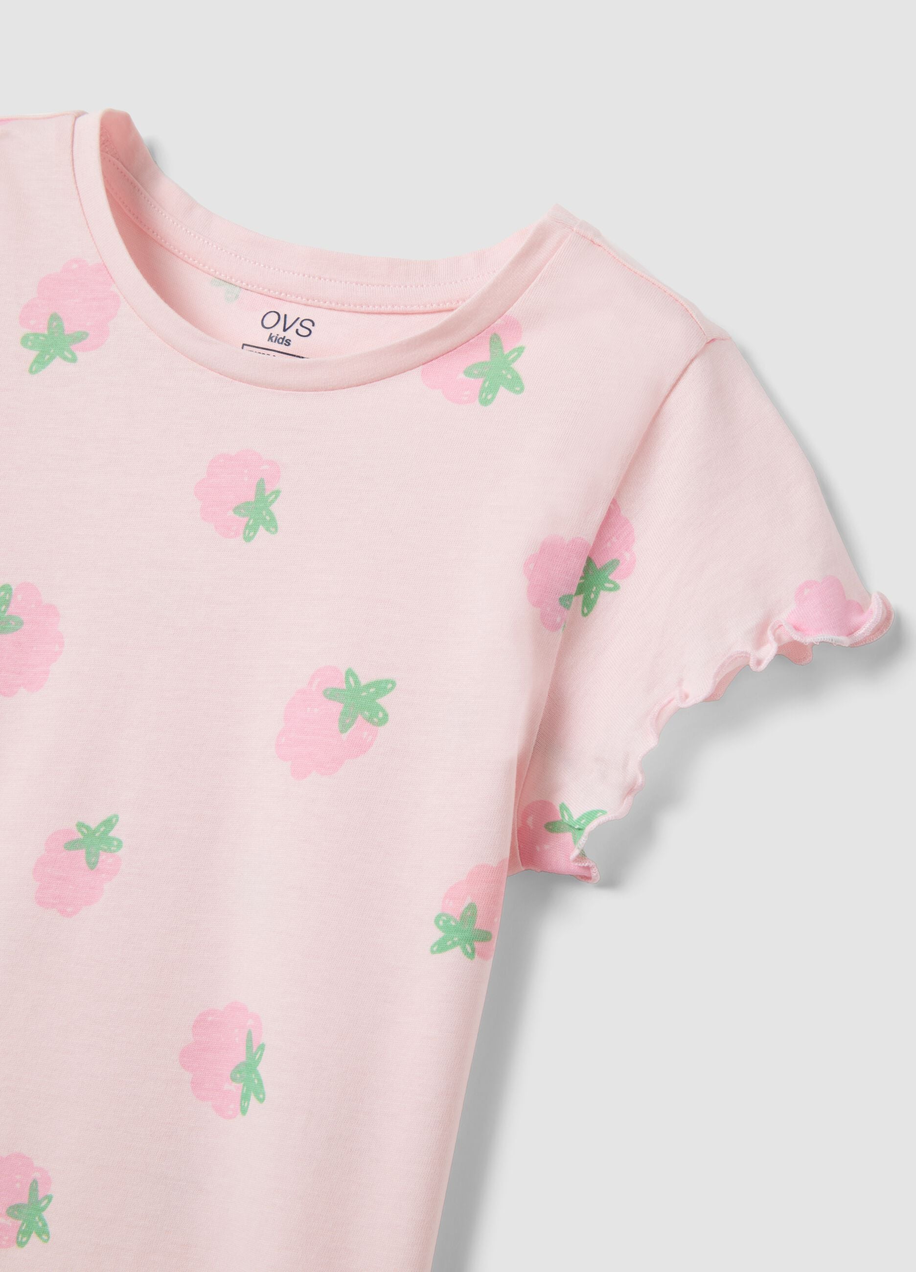 Girls' regular fit short pink cotton pyjamas with strawberries