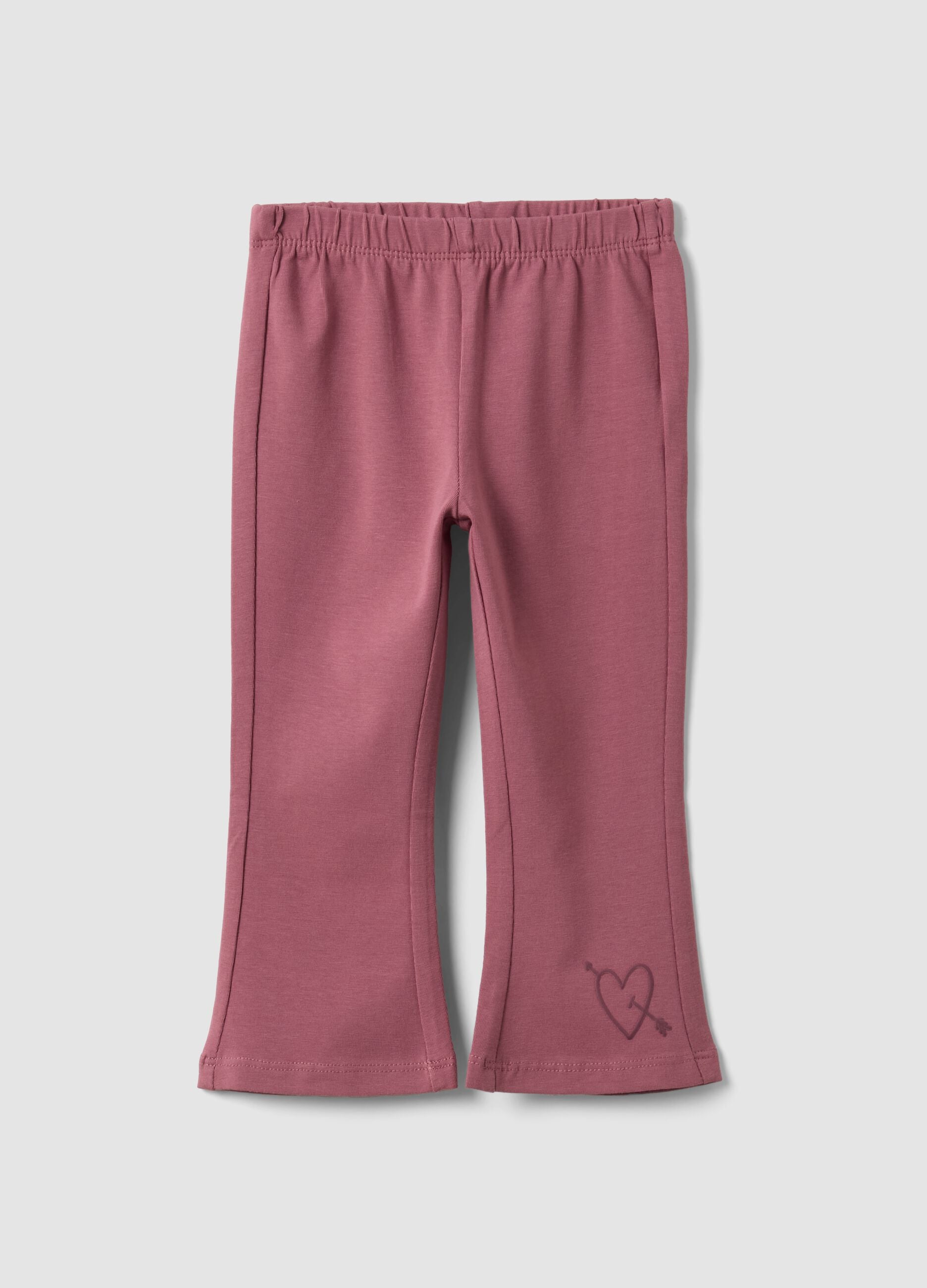 Purple flared leggings in stretchy organic cotton blend with heart print for baby girl