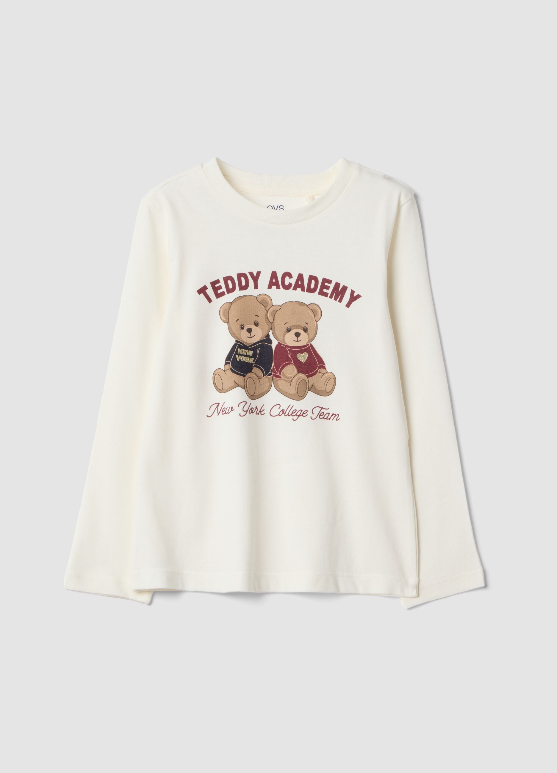 White pure organic cotton T-shirt with teddy print for girls