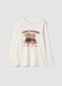 White pure organic cotton T-shirt with teddy print for girls_0
