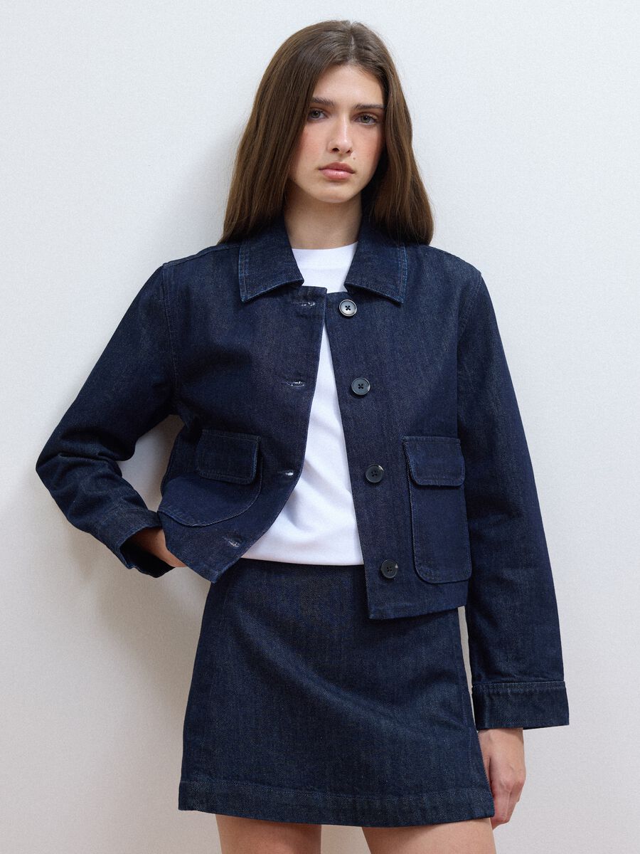 Blue cropped pure cotton denim jacket, regular fit_0