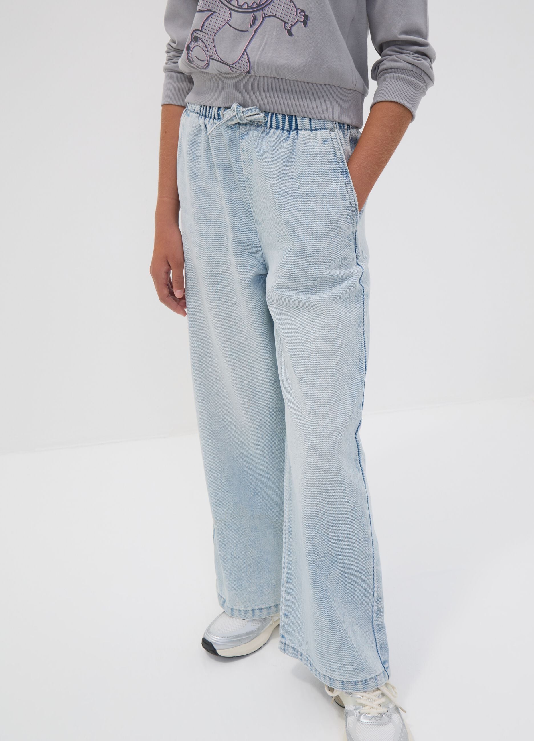 Light blue wide-leg jeans in cotton and viscose blend for girls