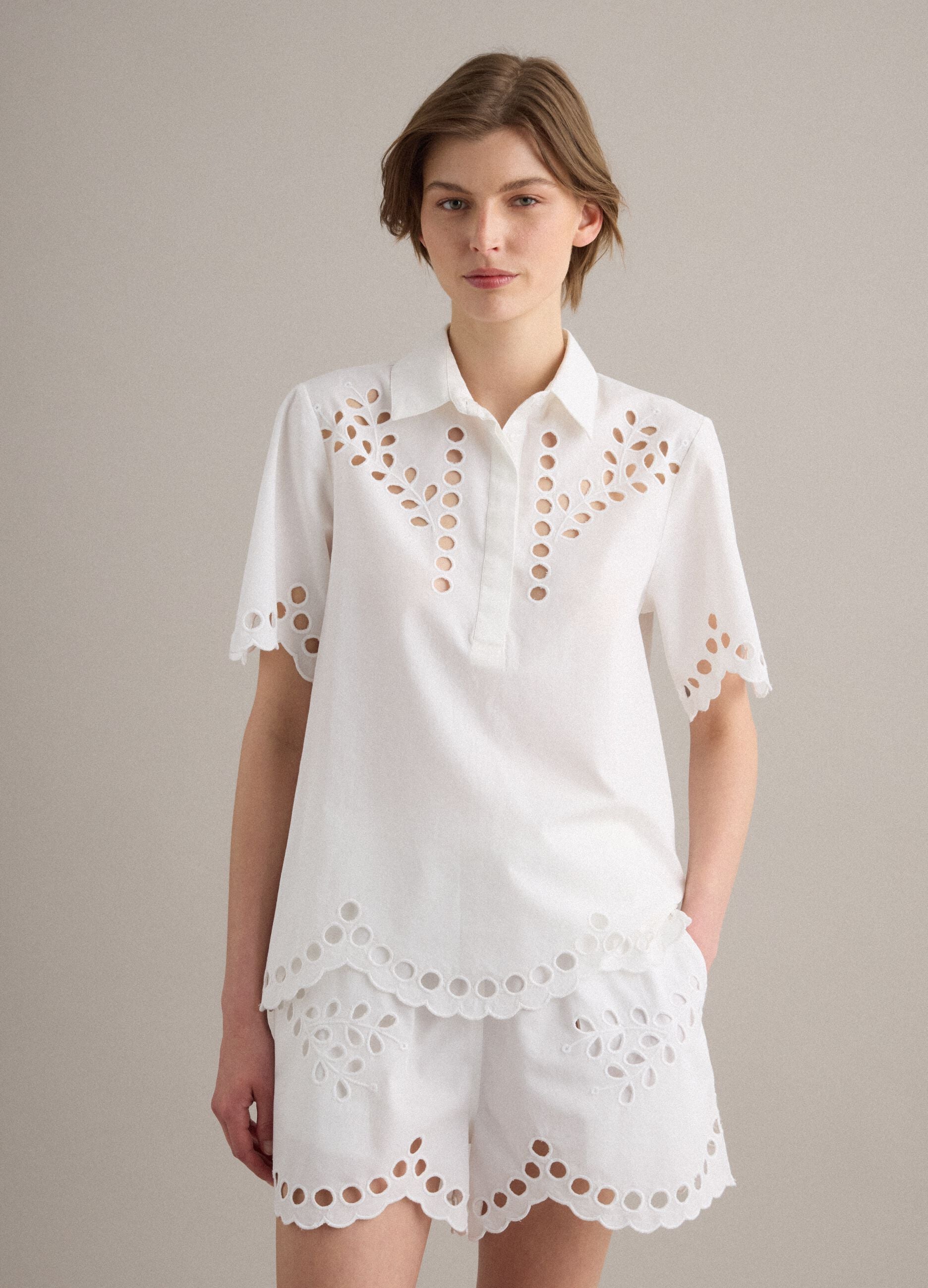 White pure cotton shirt with broderie anglaise detailing