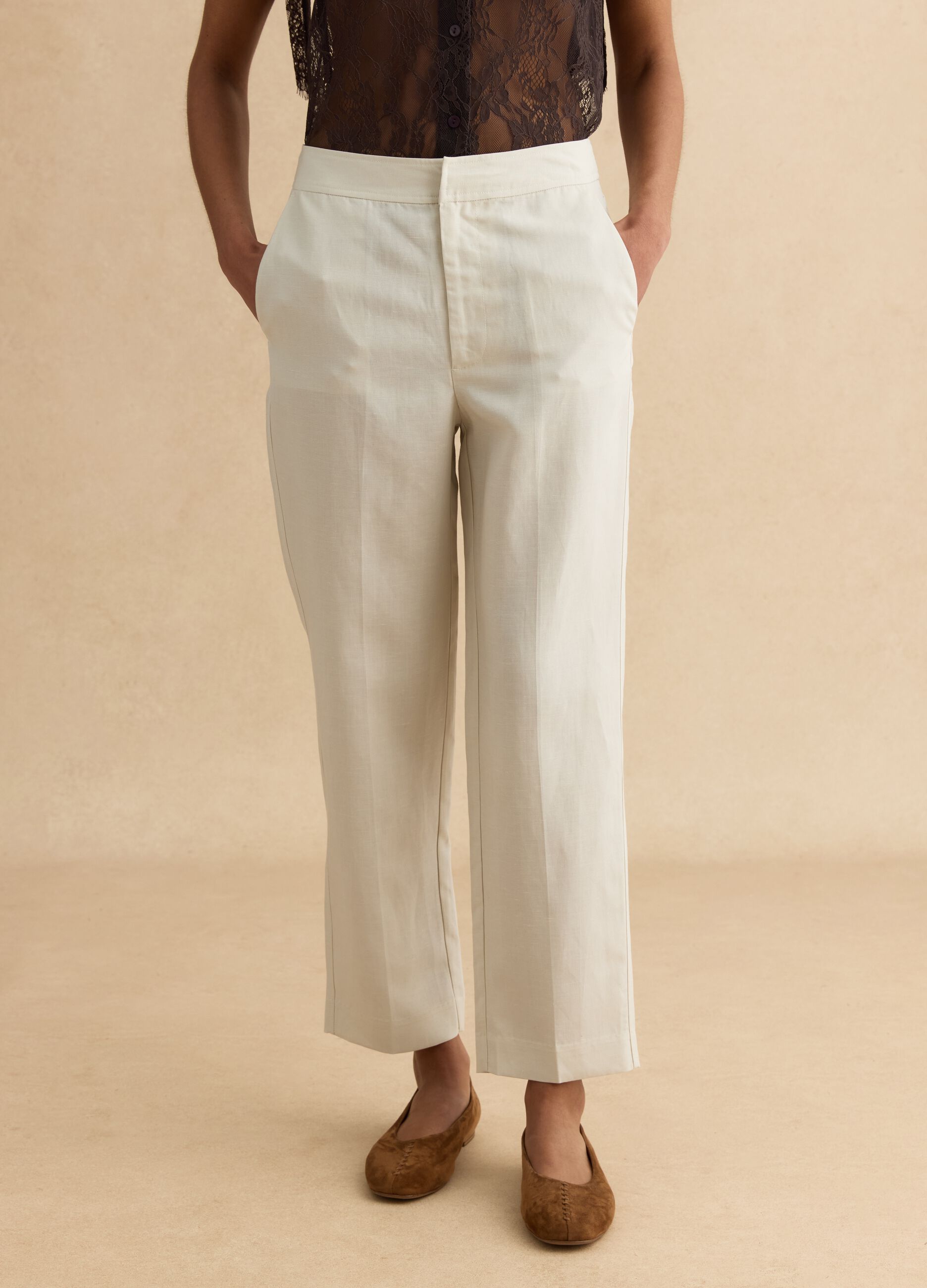 Beige Lyocell and Linen Blend Regular Fit Trousers