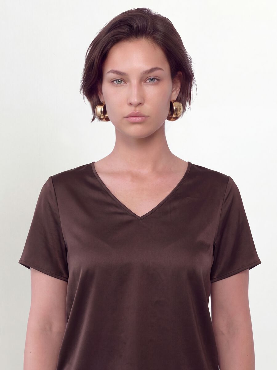 Brown satin V-neck stretch blouse, regular fit_1