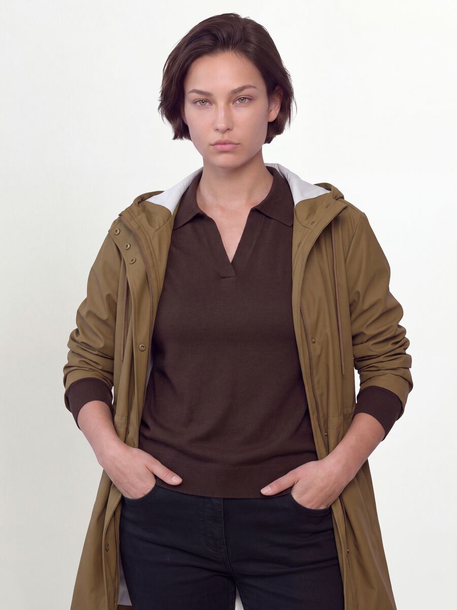 Brown rain jacket with hood, zip and snap buttons, regular fit_0