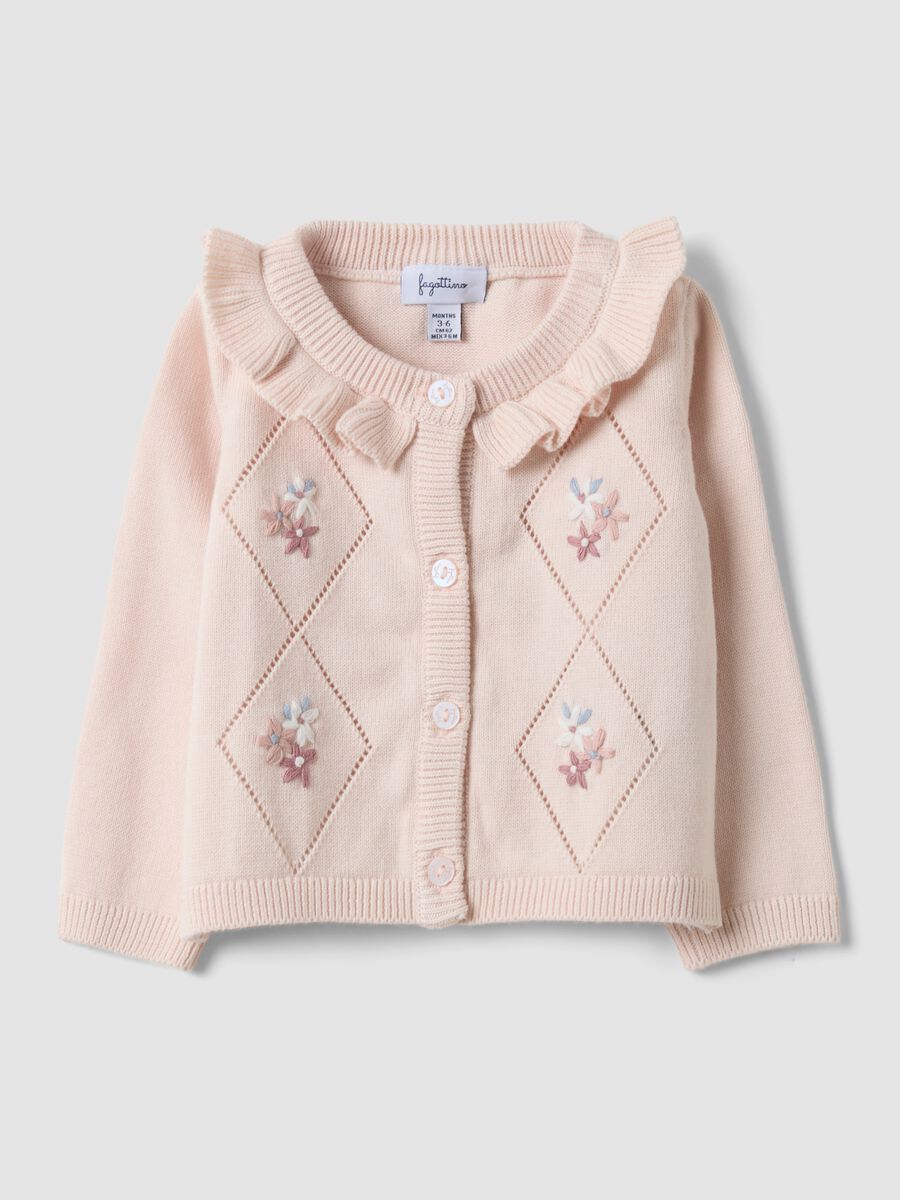 Pink pure organic cotton baby girl cardigan with ruffled collar_0
