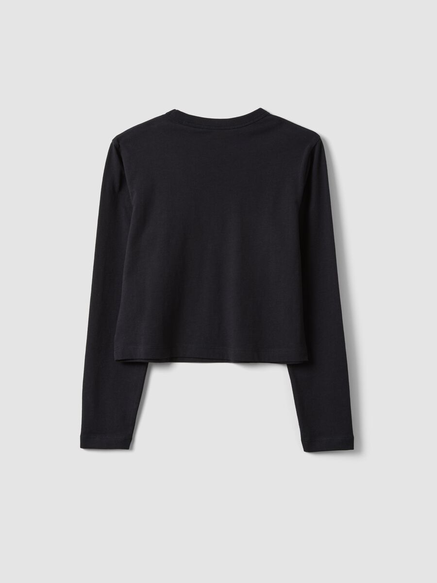 T-shirt nera in puro cotone con collo a costine per ragazza_1