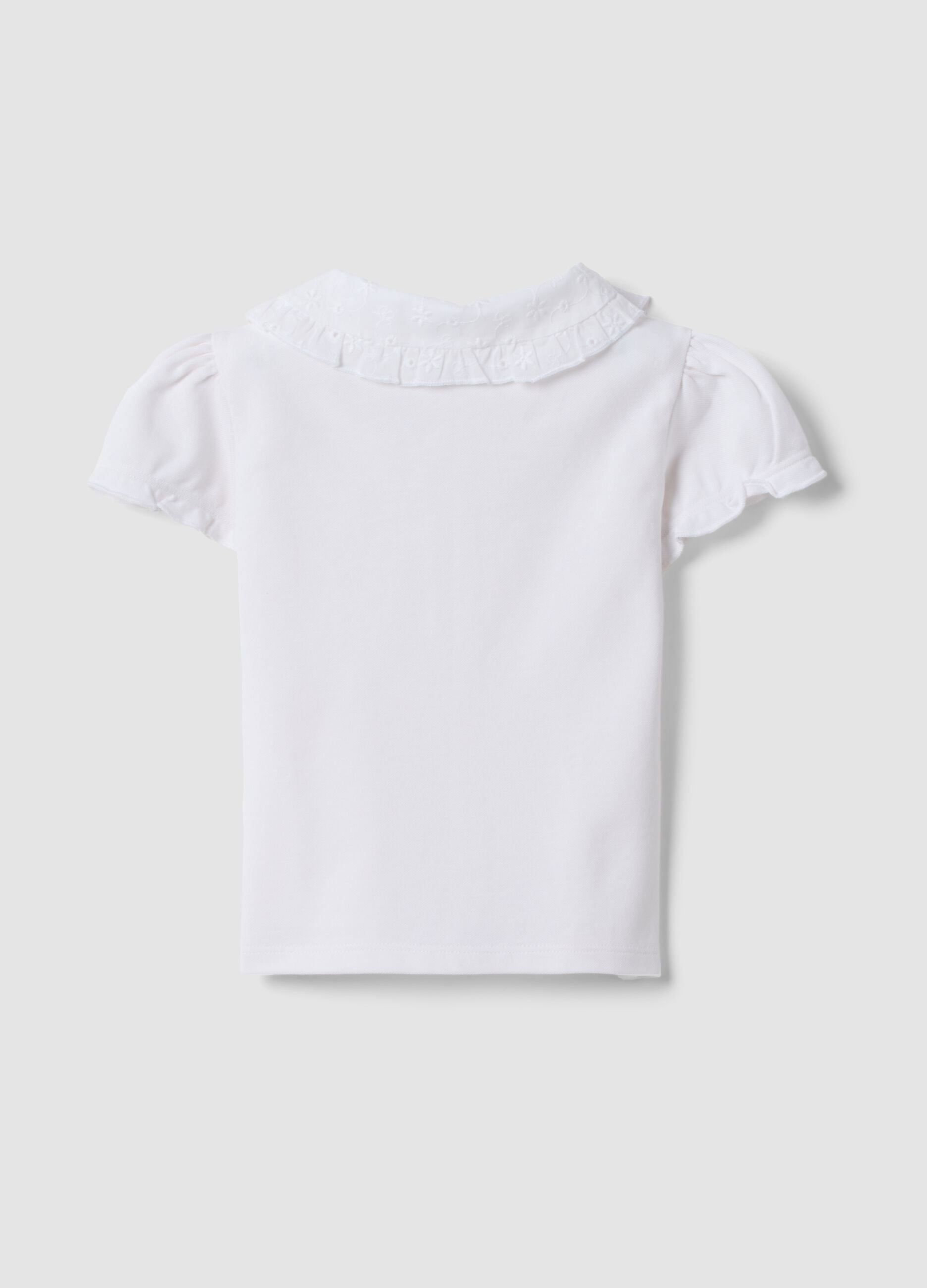 White short-sleeve stretch-cotton polo with ruffled collar