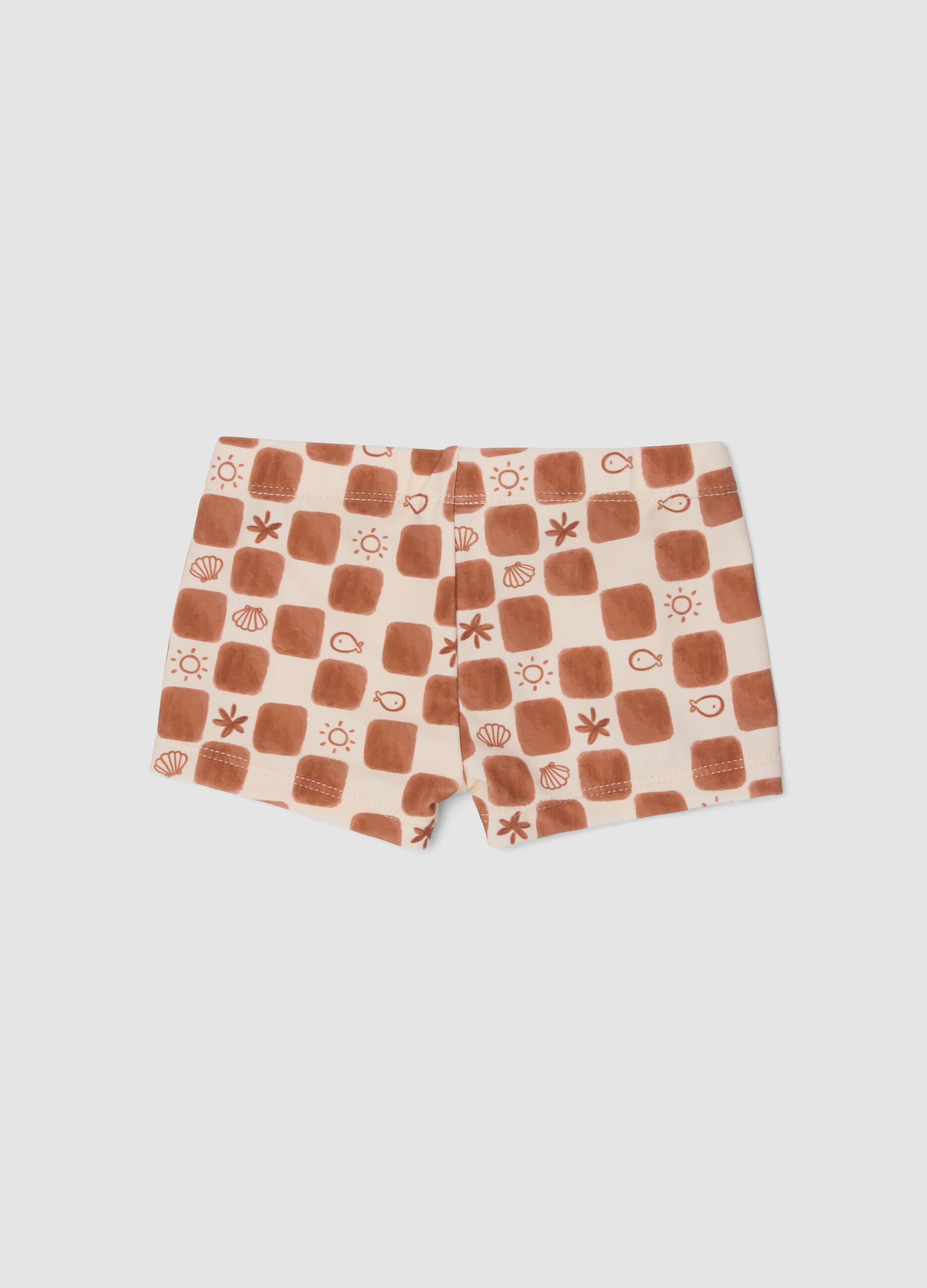 Brown checked stretch fabric boxer swim shorts for baby boy