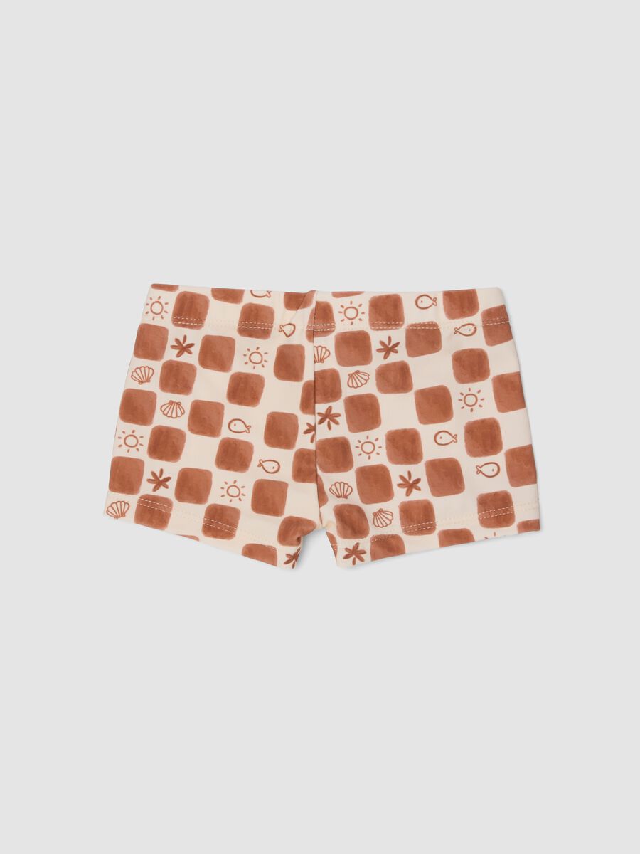 Brown checked stretch fabric boxer swim shorts for baby boy_1