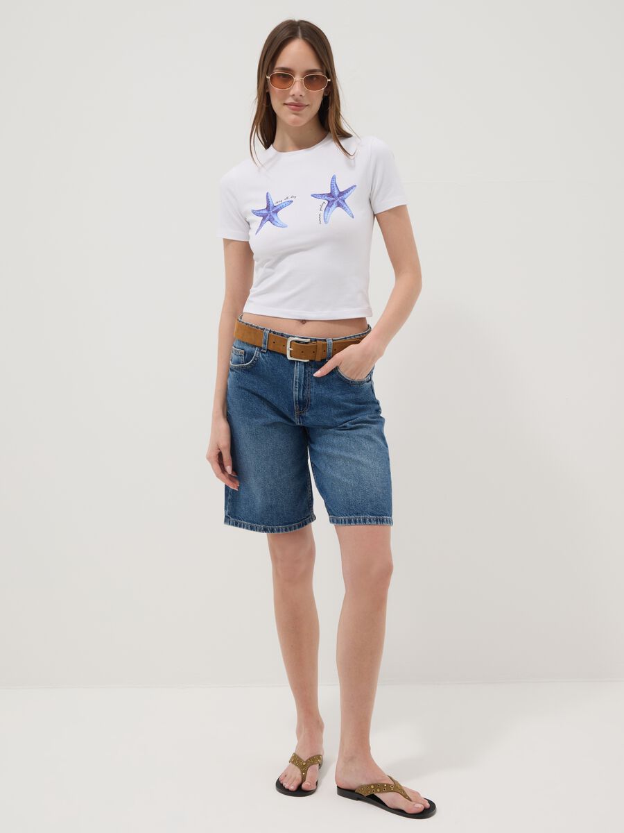 White regular fit stretch cotton t-shirt with starfish_2