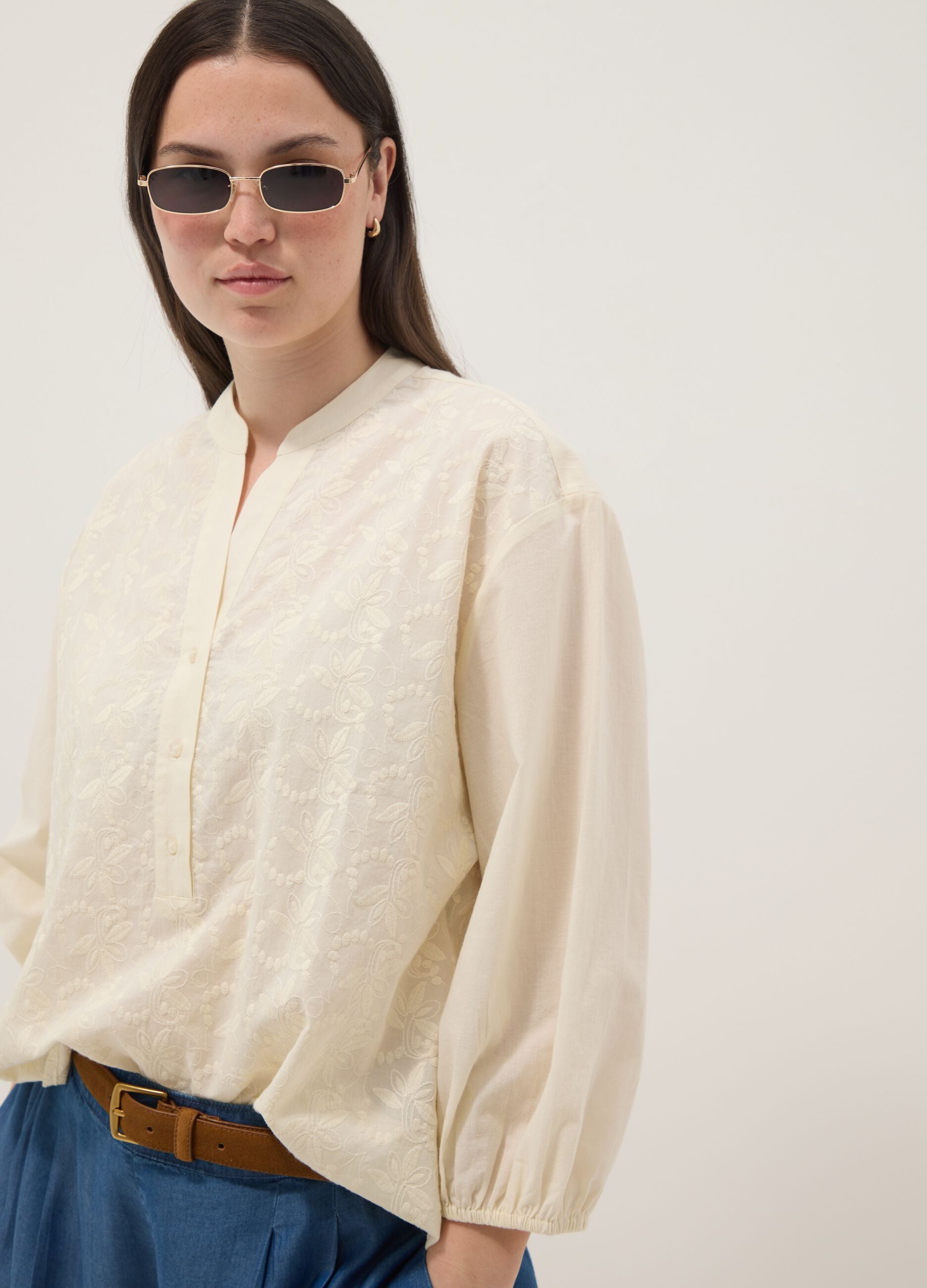 Beige pure cotton shirt with embroidery