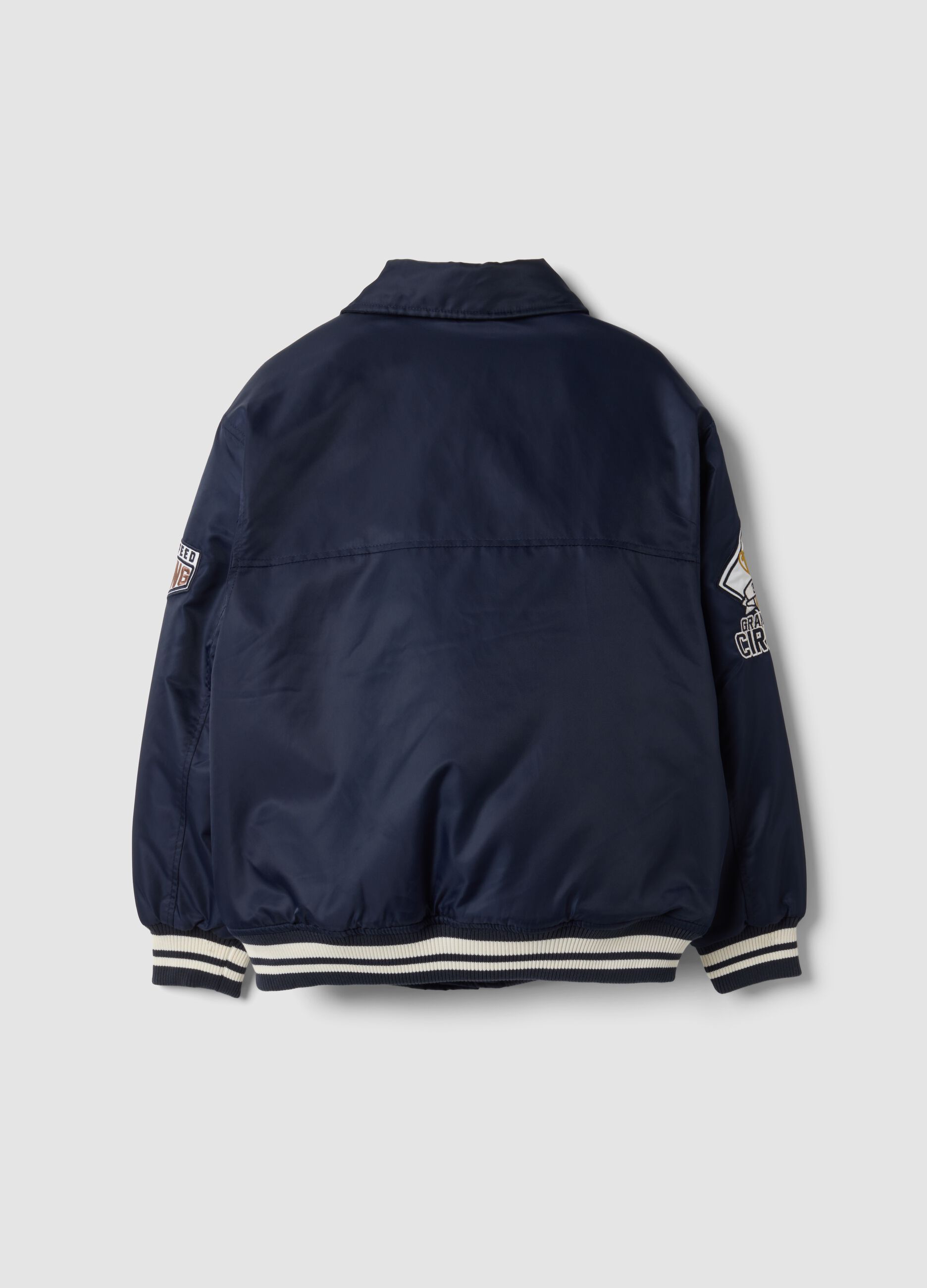 Blue varsity jacket with zip and racing print
