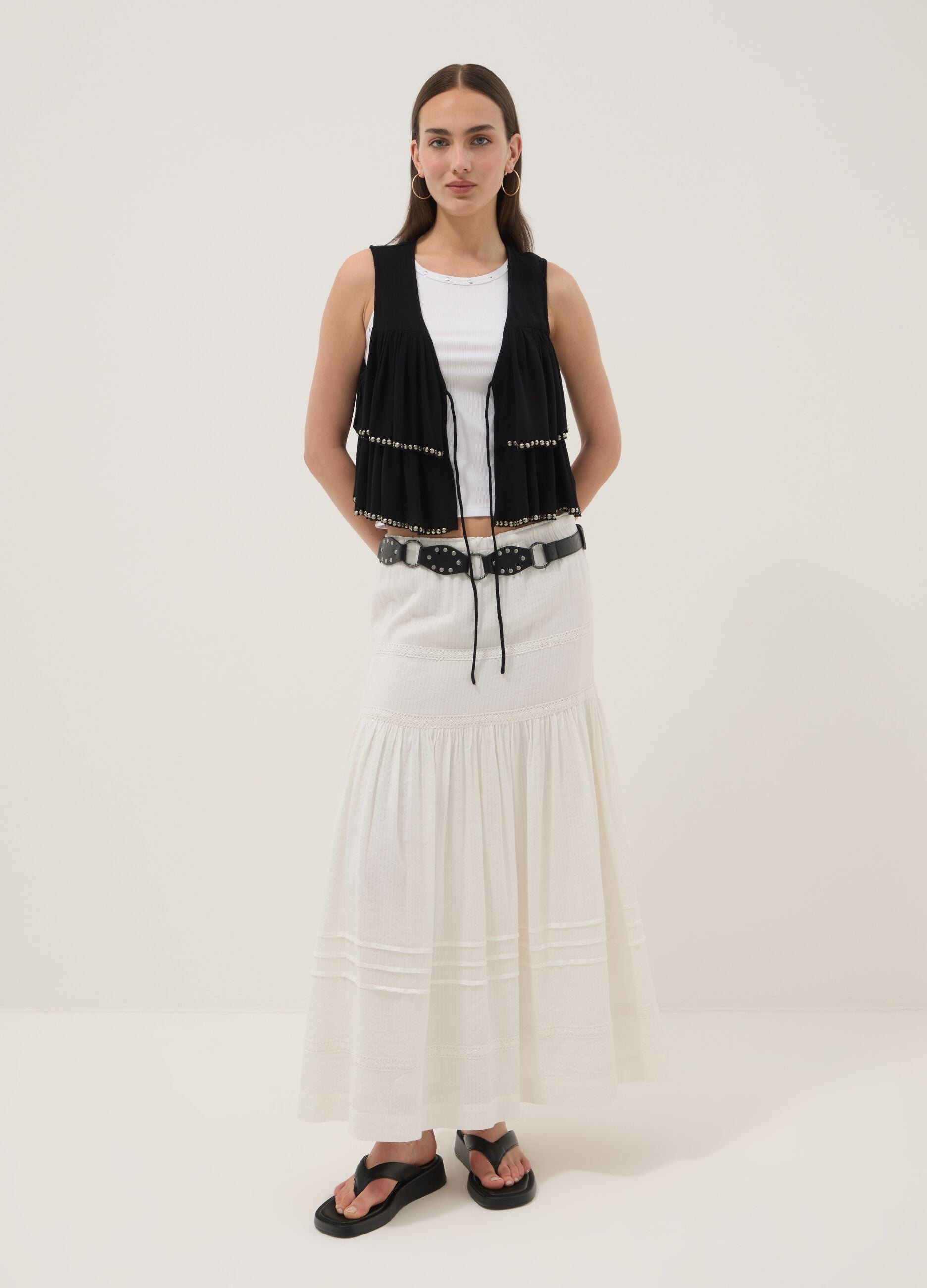 Black pure viscose gilet with ruffles