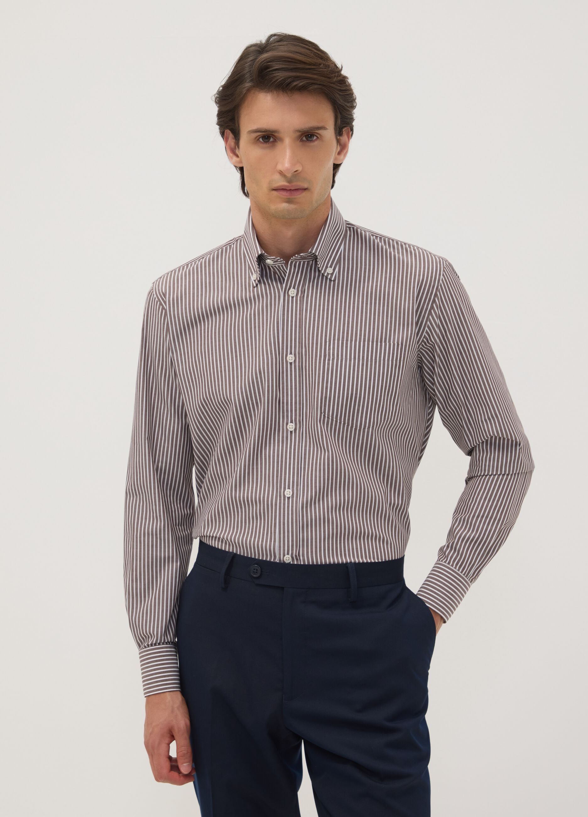 Brown striped cotton-blend button-down collar easy-iron regular-fit shirt