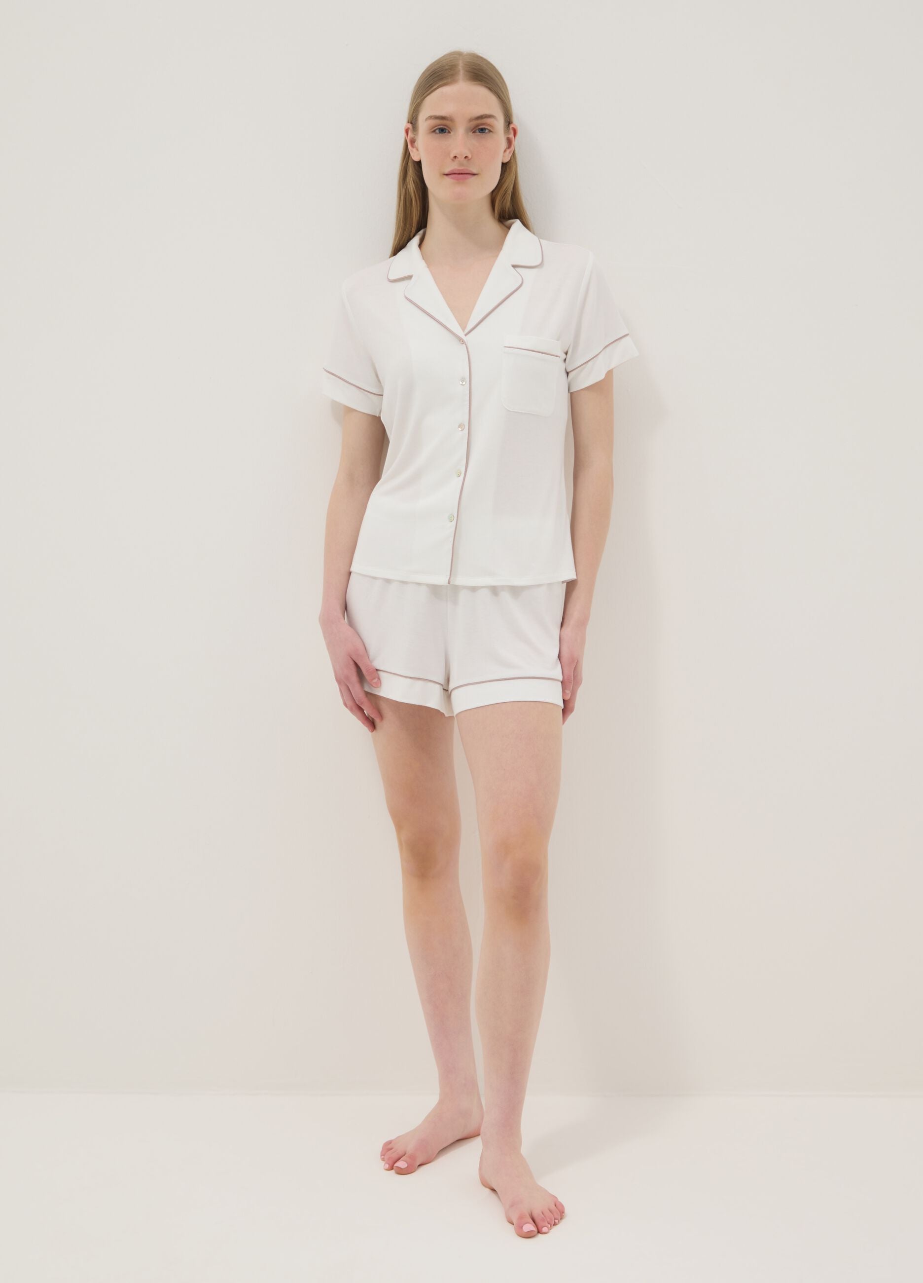 White stretchy viscose blend pyjama shorts regular fit