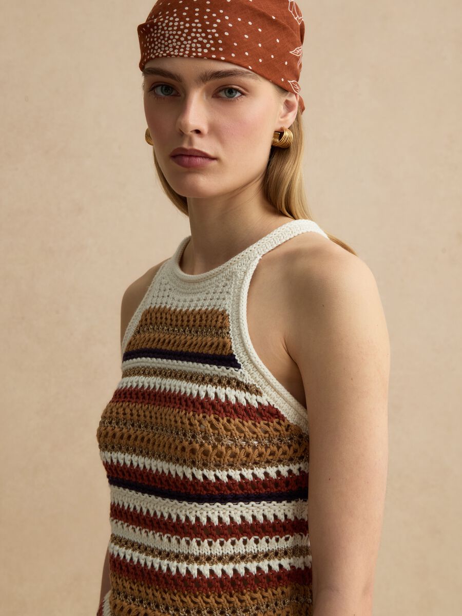 Multicolour striped fitted knitted cotton-blend top_0