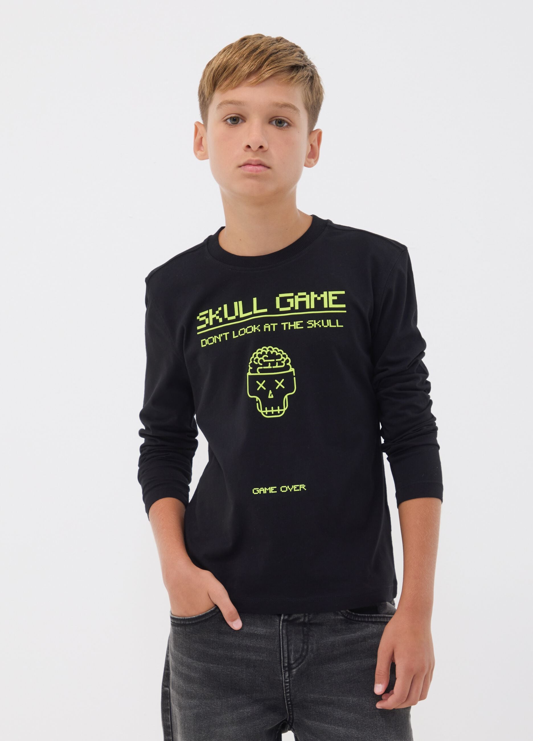 Black organic cotton crew-neck T-shirt with skull print for boys