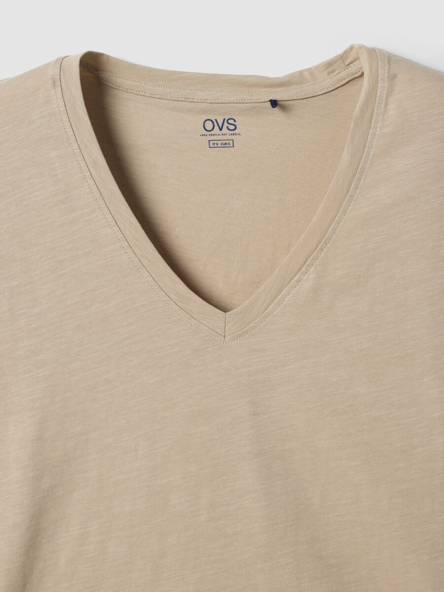 Beige pure cotton V-neck T-shirt_5