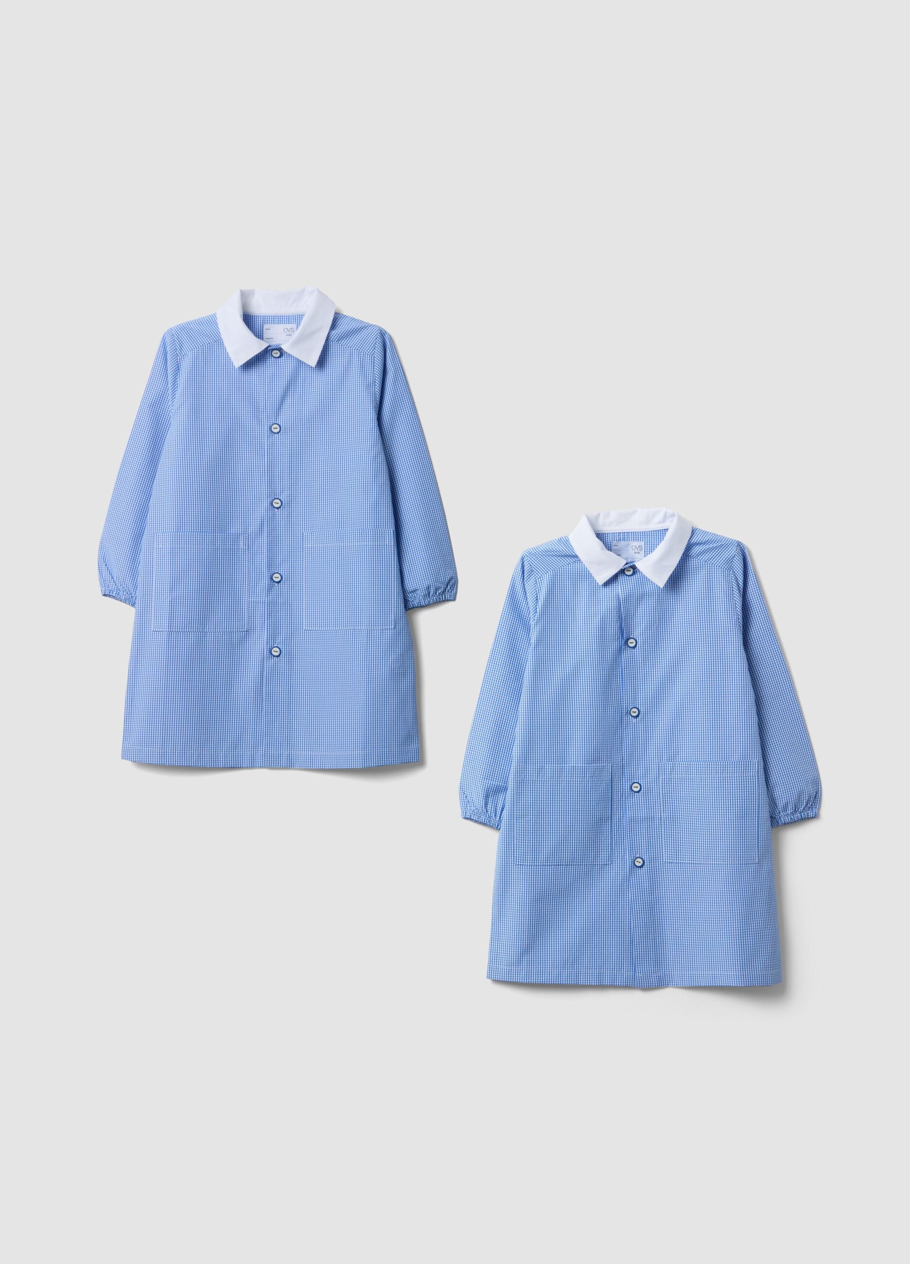 2-pack of blue gingham nursery aprons with white collar for boys