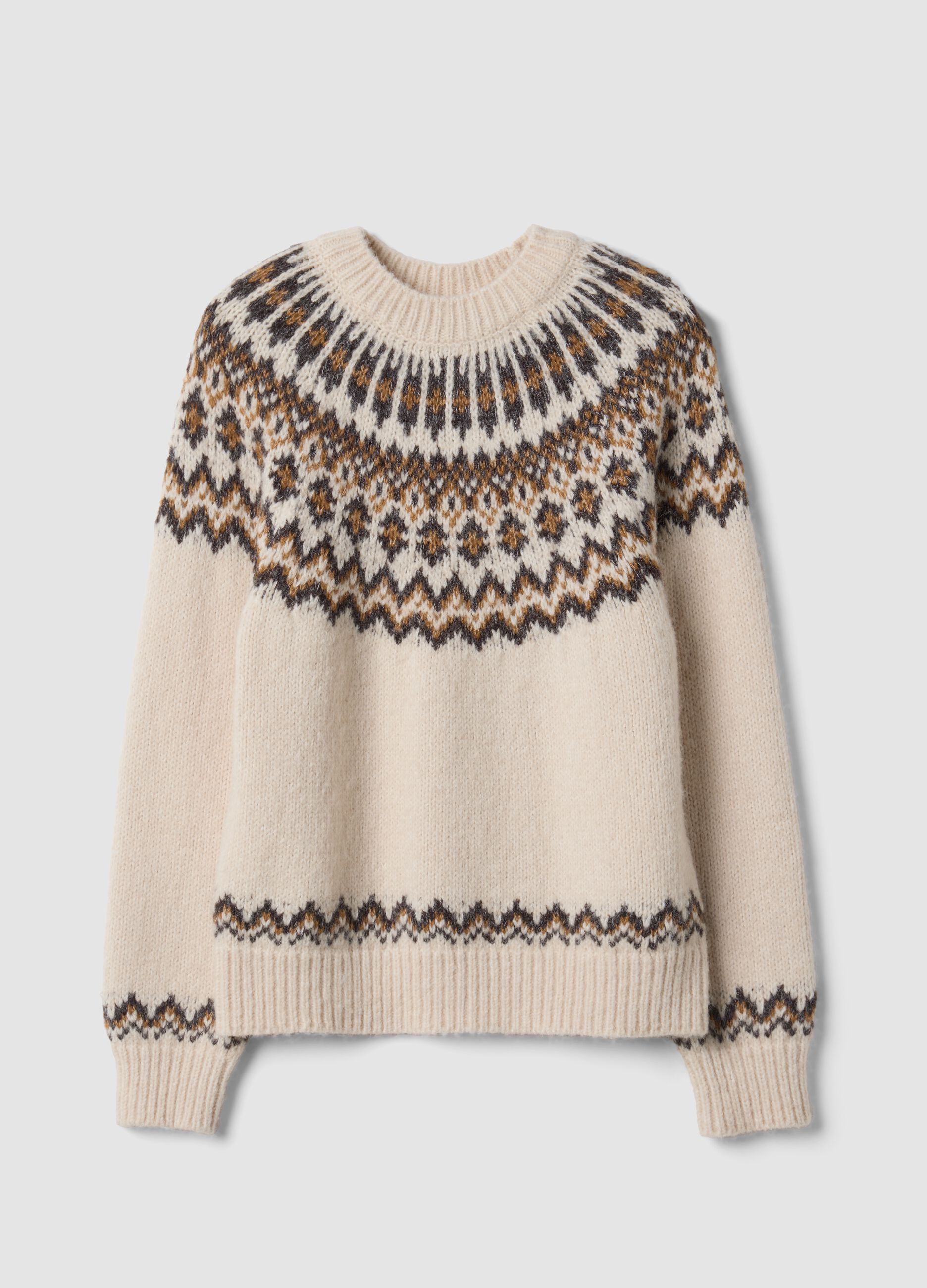 Beige Jacquard Jumper with High Neck